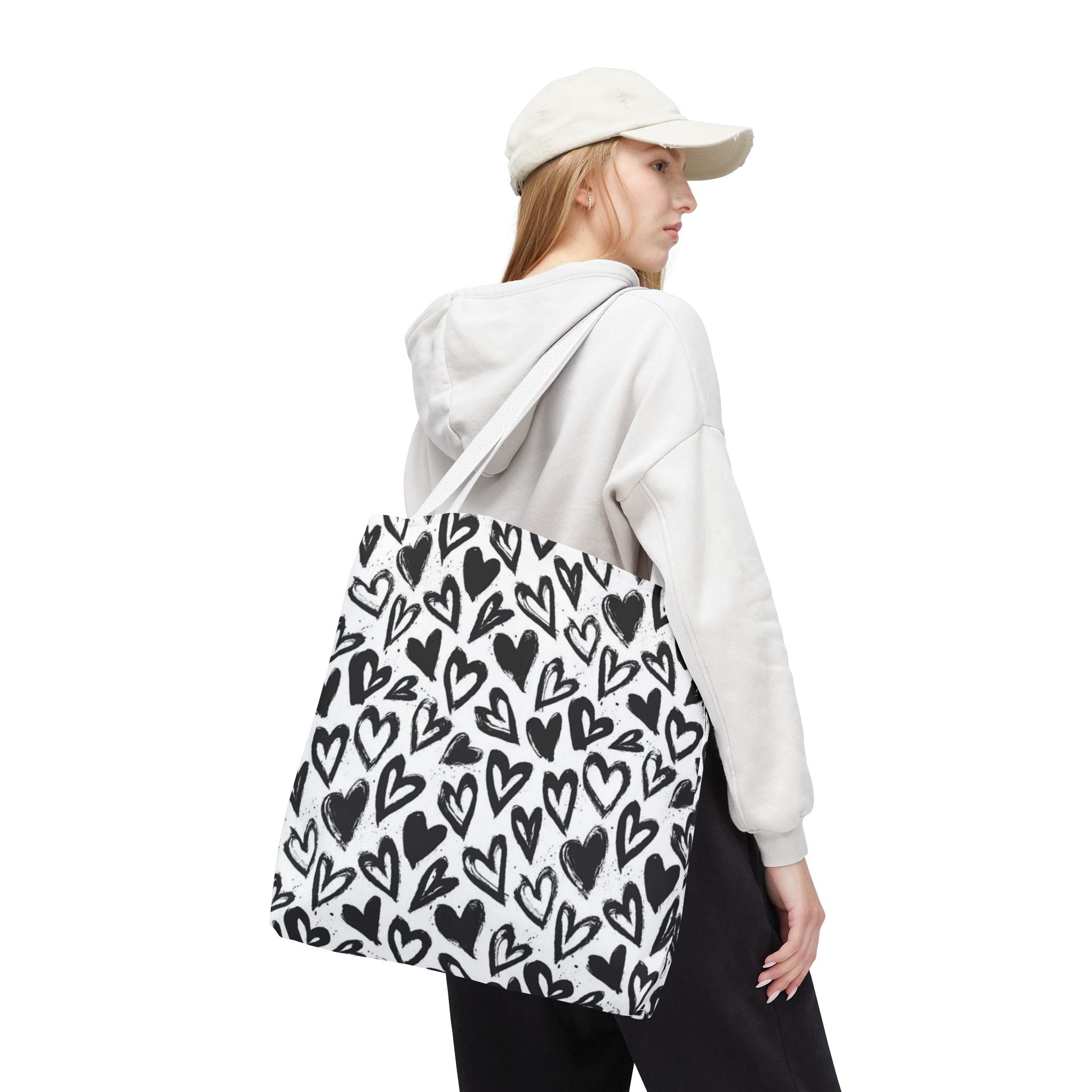 Heart Pattern Tote Bag — Black & White Hand-Drawn Hearts All-Over Print