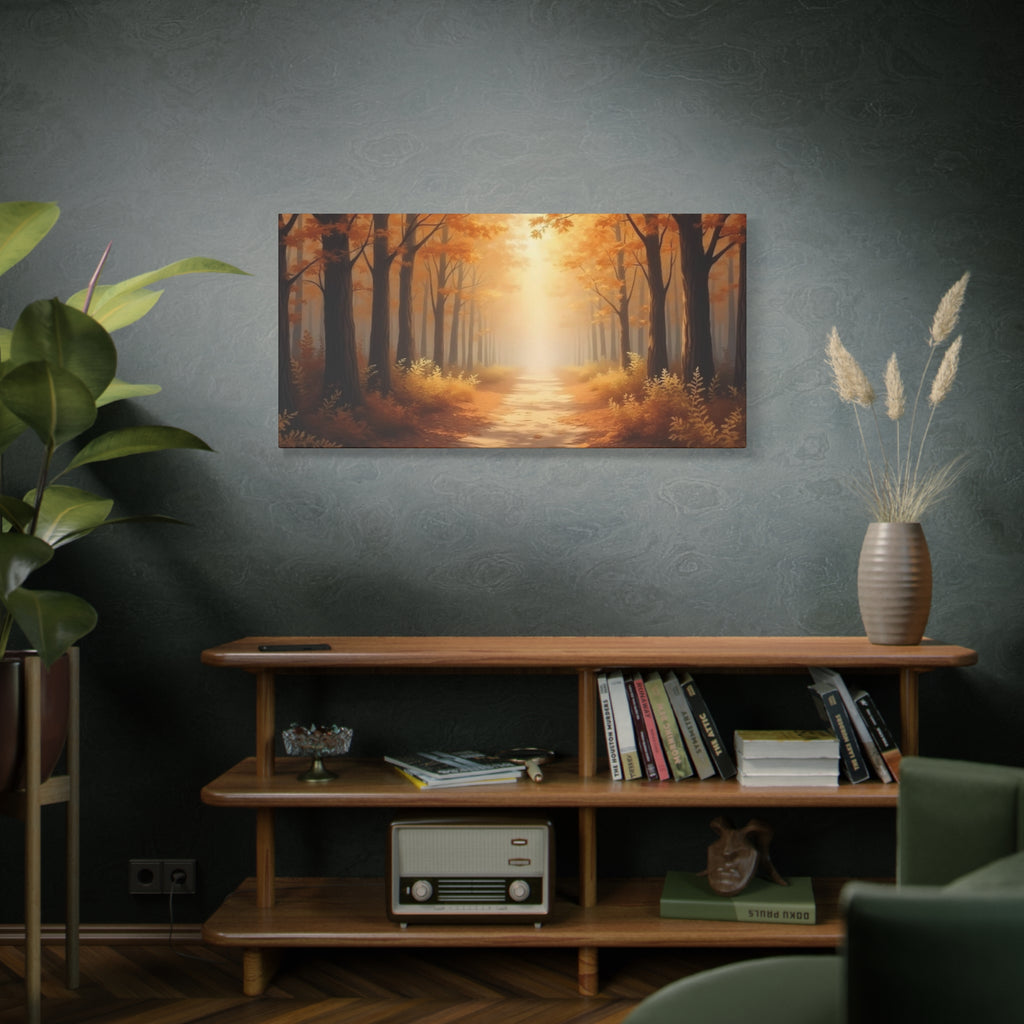 Autumn Forest Path Matte Canvas Wall Art — Golden Sunlit Woodland Scene