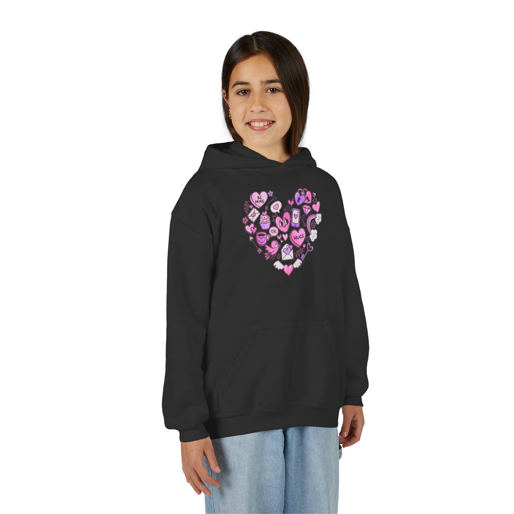 Youth Heart Doodle Hoodie — Pink Valentine Love Graphic Sweatshirt