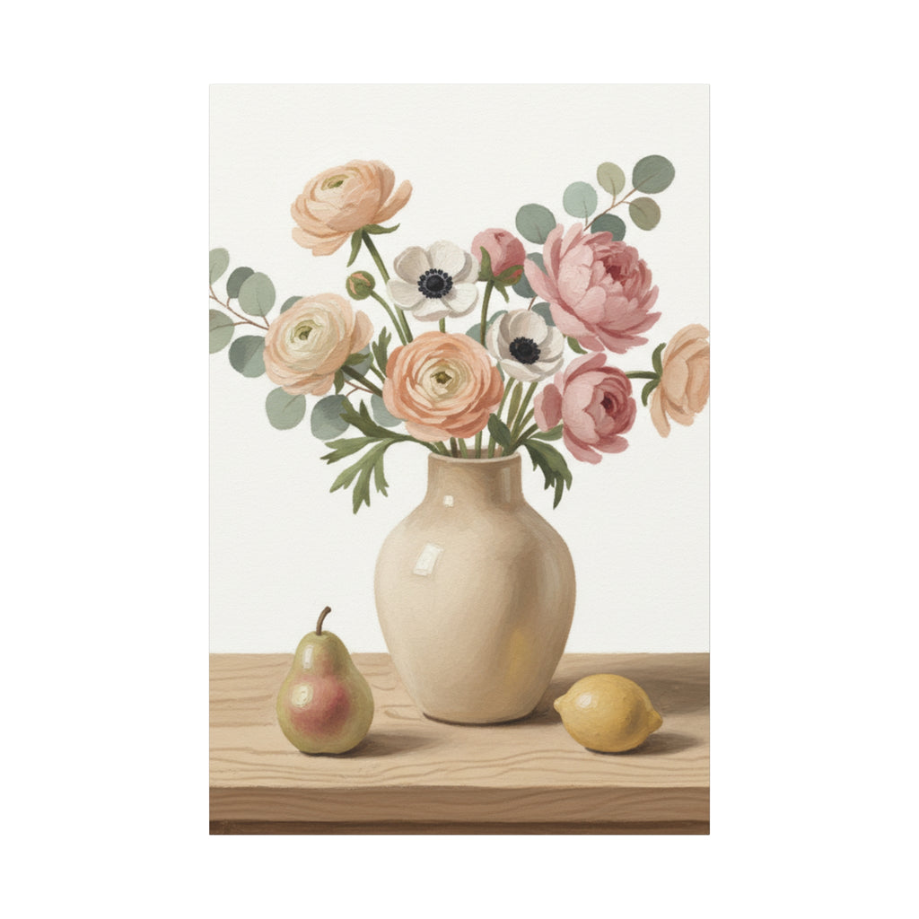 Floral Vase Canvas Wall Art — Pastel Peonies & Ranunculus Stretched Print