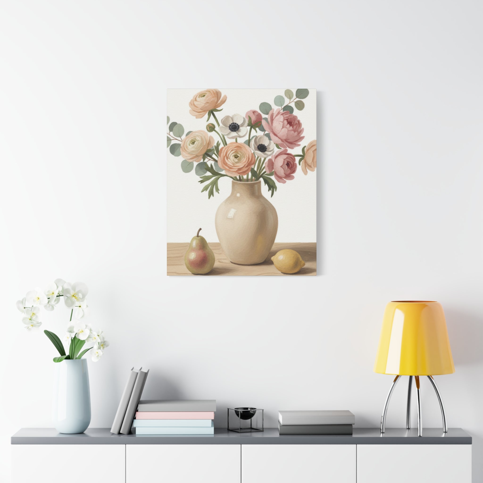Floral Vase Canvas Wall Art — Pastel Peonies & Ranunculus Stretched Print