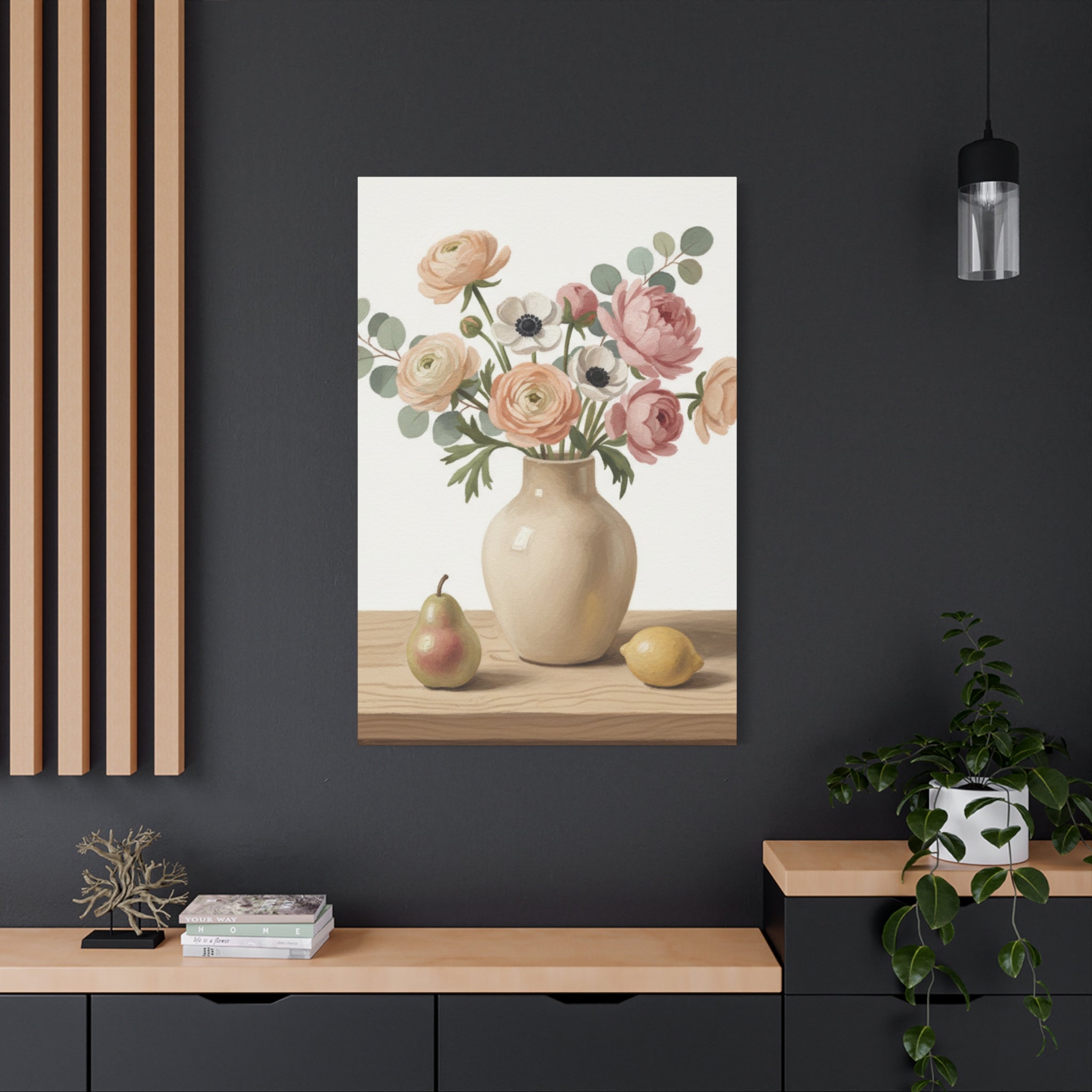 Floral Vase Canvas Wall Art — Pastel Peonies & Ranunculus Stretched Print