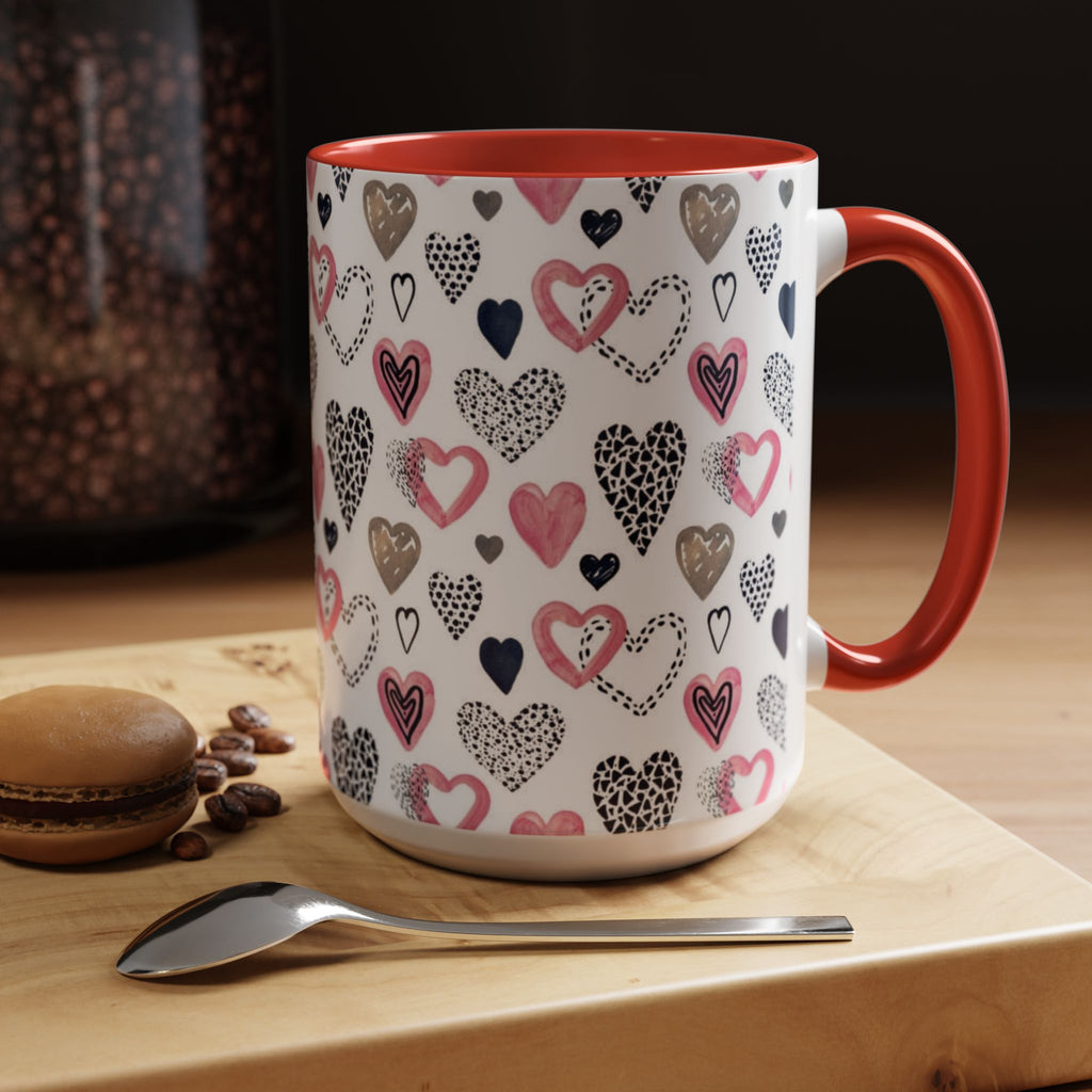 Heart Pattern Accent Coffee Mug — Pink & Navy Love Design (11/15 oz)