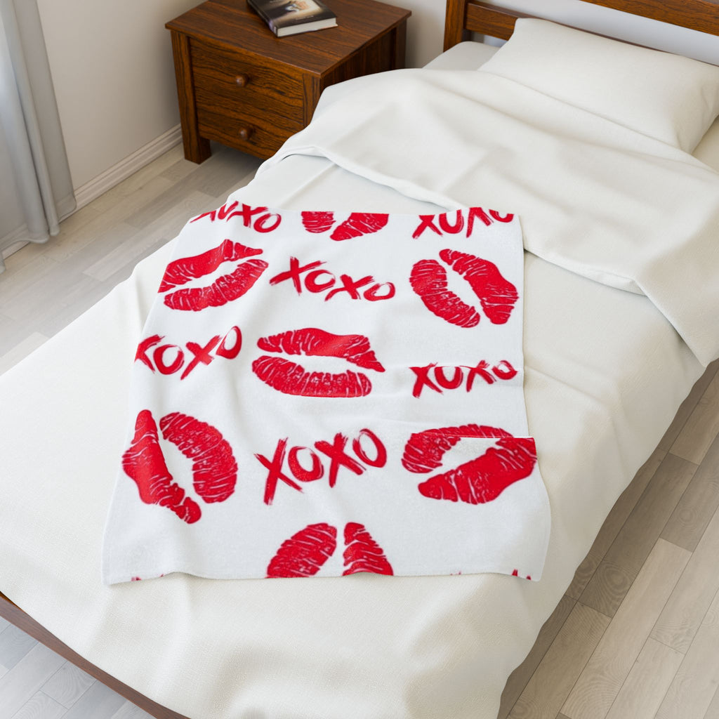 Velveteen Plush Blanket — Red Kiss Prints with XOXO Pattern (Valentine’s Cozy Throw)