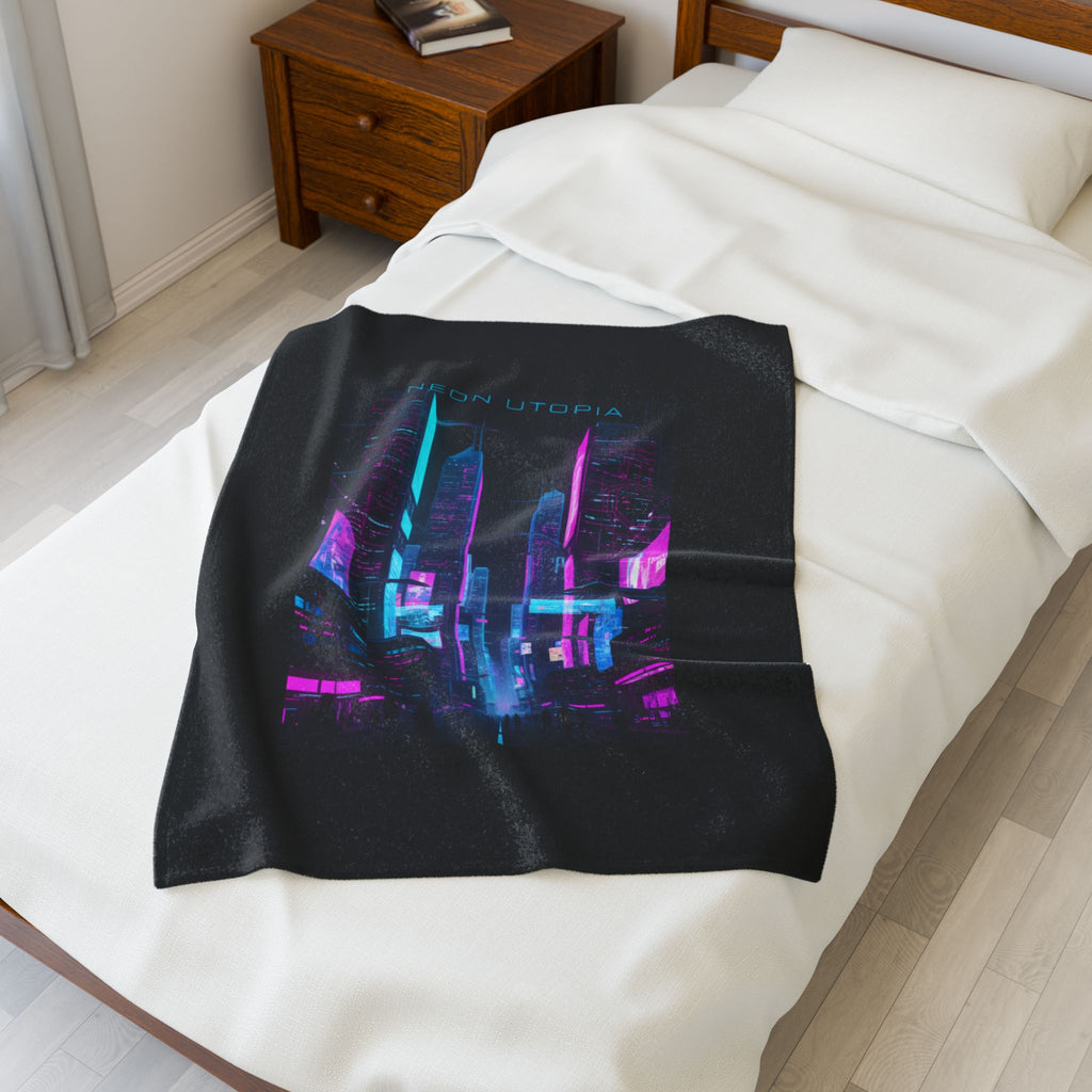 Neon Utopia Cyberpunk Skyline Velveteen Plush Blanket | synthwave cityscape, neon aesthetic