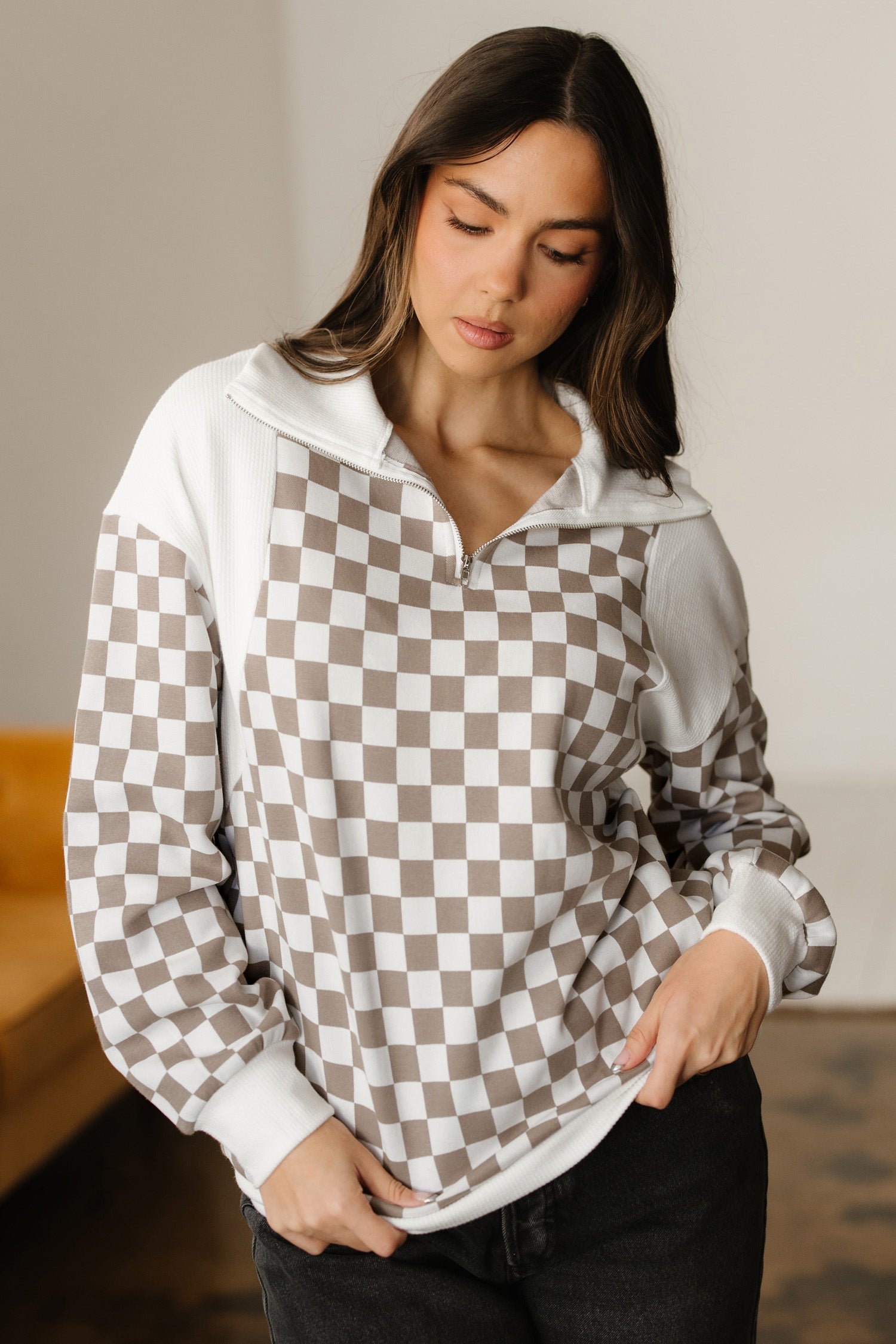 Tan Checkered Sweatshirt
