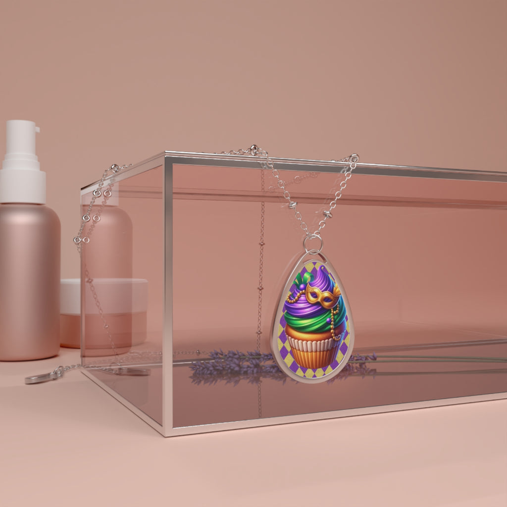 Mardi Gras Cupcake Oval Necklace — Festive Masquerade Pendant