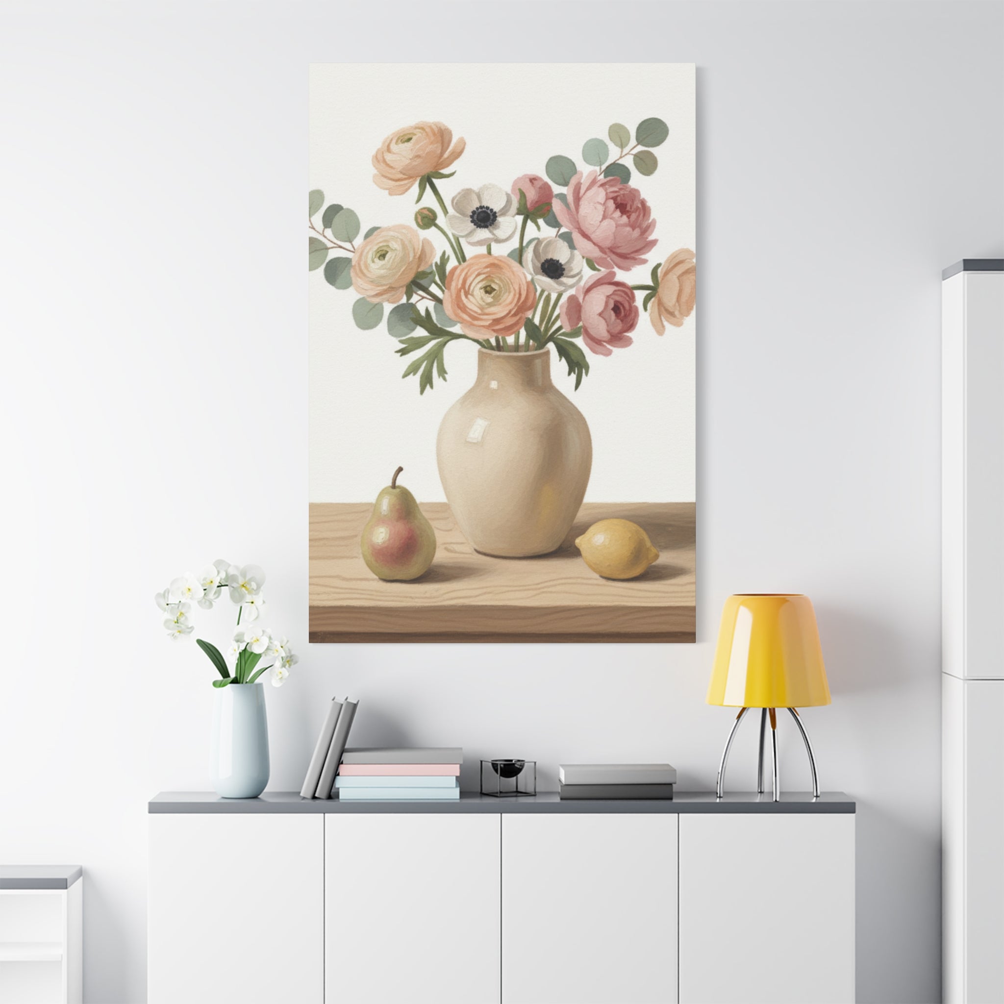 Floral Vase Canvas Wall Art — Pastel Peonies & Ranunculus Stretched Print