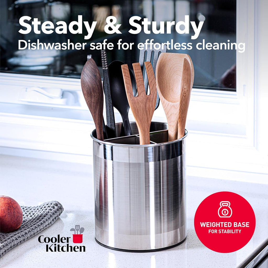 Extra Large Rotating Utensil Holder Caddy with Sturdy No-Tip Weighted Base, Removable Divider, and Gripped Insert: Metal | Rust Proof