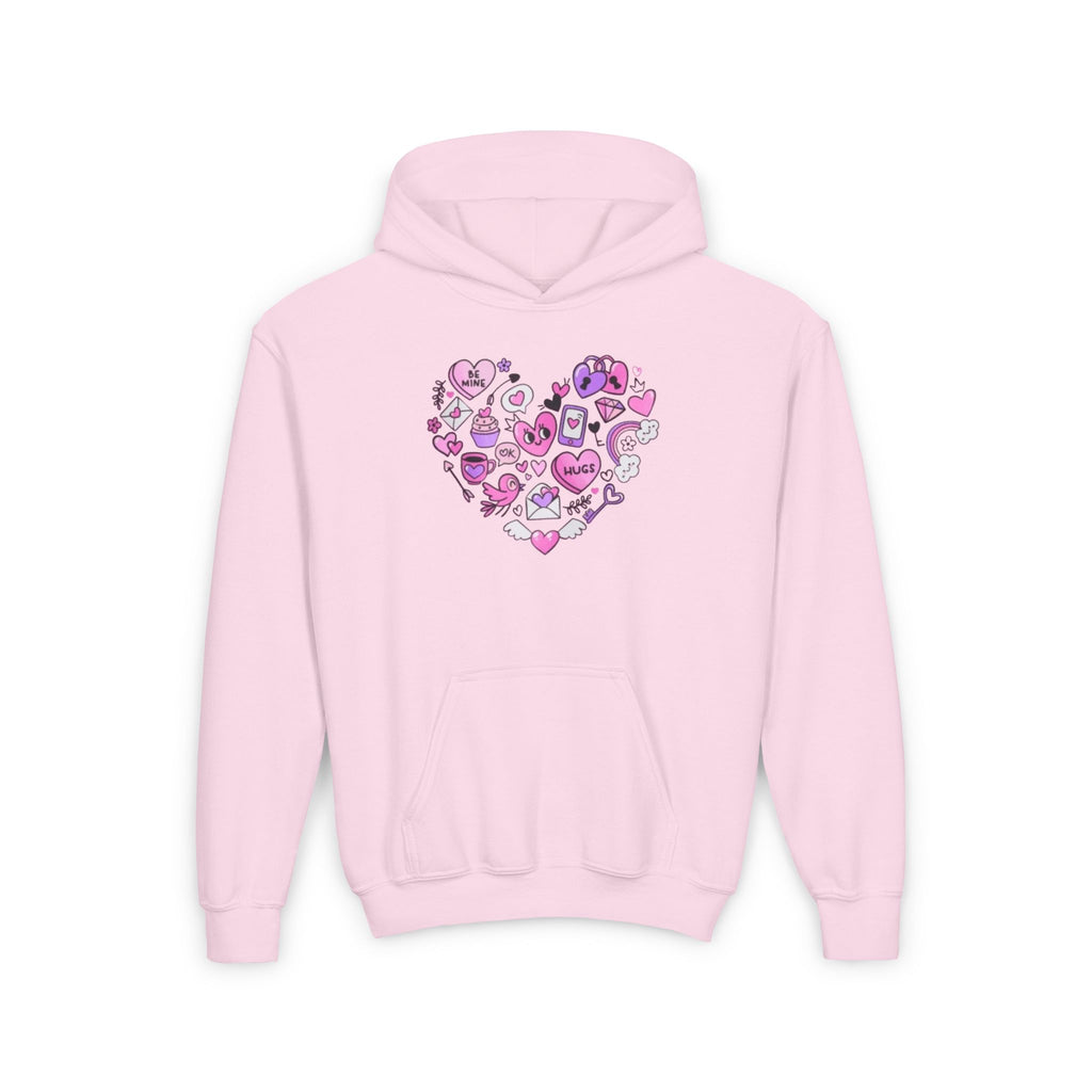 Youth Heart Doodle Hoodie — Pink Valentine Love Graphic Sweatshirt