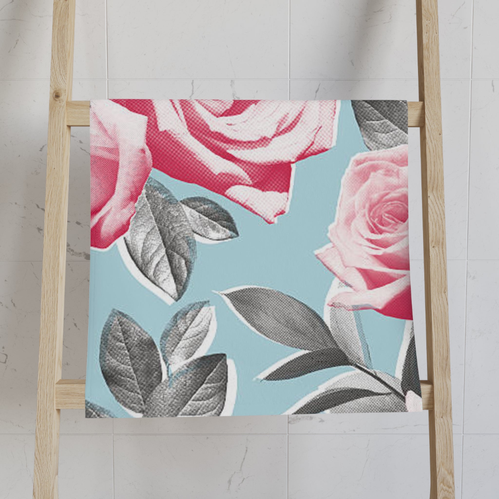 Floral Rose Hand Towel — Pink Roses on Sky Blue Decorative Kitchen & Bath Towel