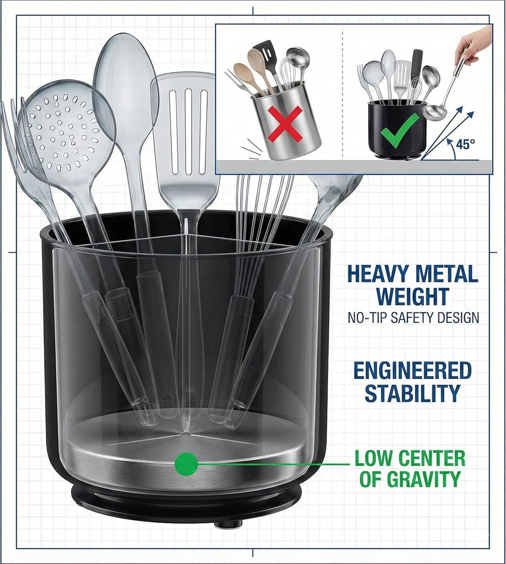 Extra Large and Sturdy Rotating Utensil Holder with No-Tip Weighted Base
