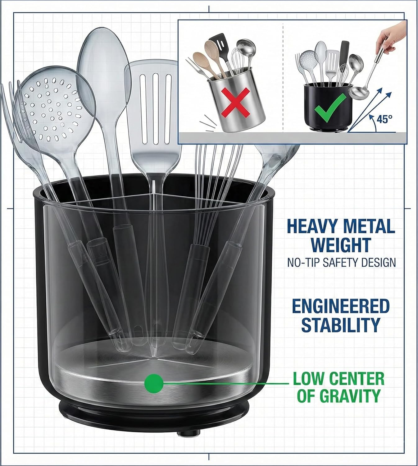 Extra Large and Sturdy Rotating Utensil Holder with No-Tip Weighted Base