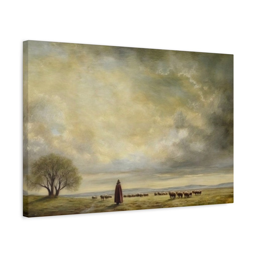 Shepherd in Pastoral Landscape Matte Canvas Print