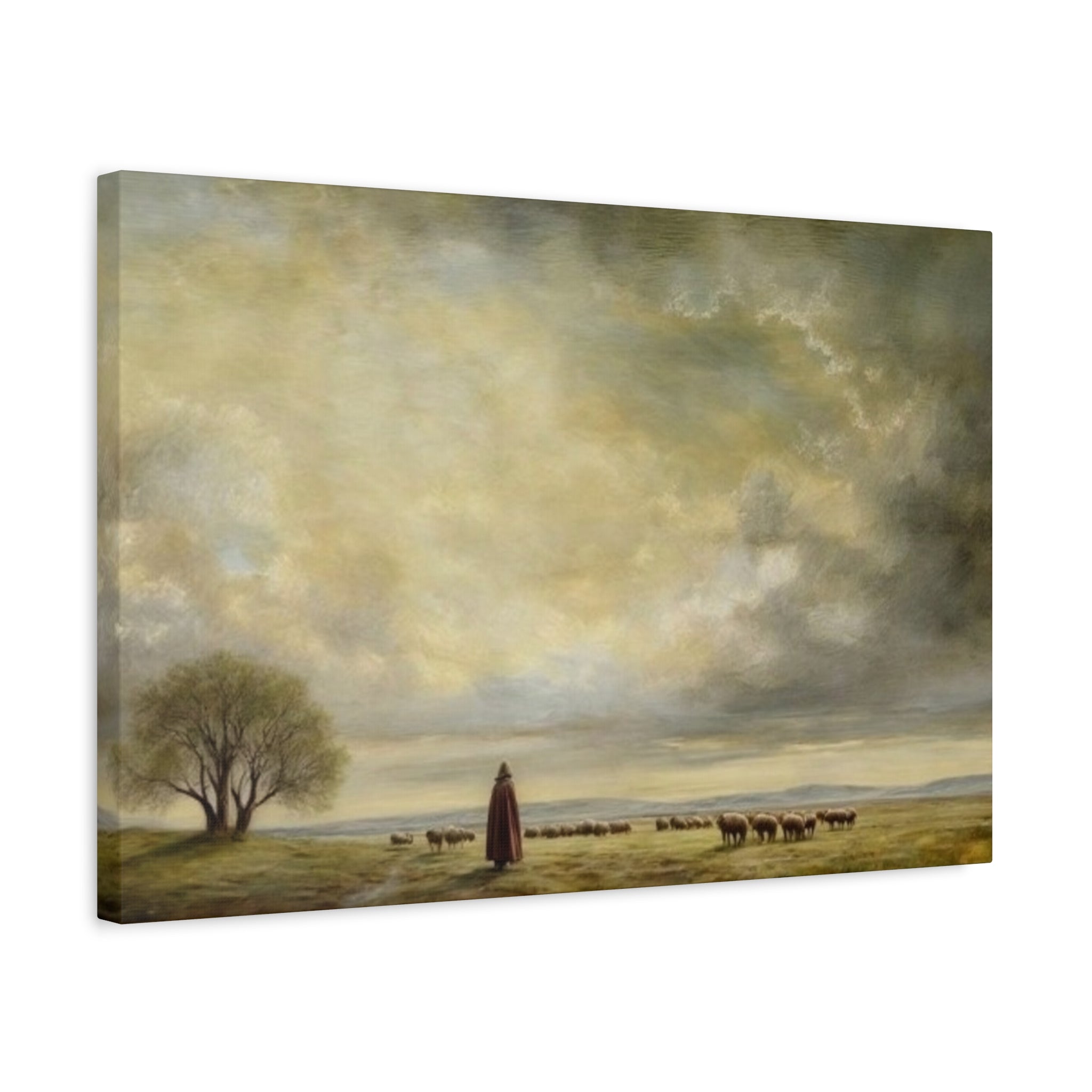 Shepherd in Pastoral Landscape Matte Canvas Print