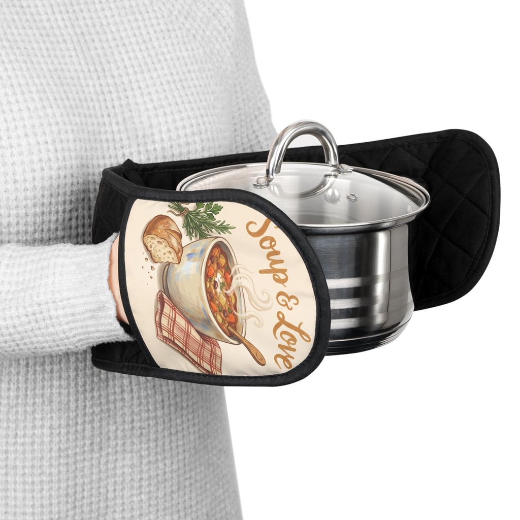 Soup & Love Double Oven Mitts — Quilted Pot Holder Handle Cover for Casseroles & Hot Dishes