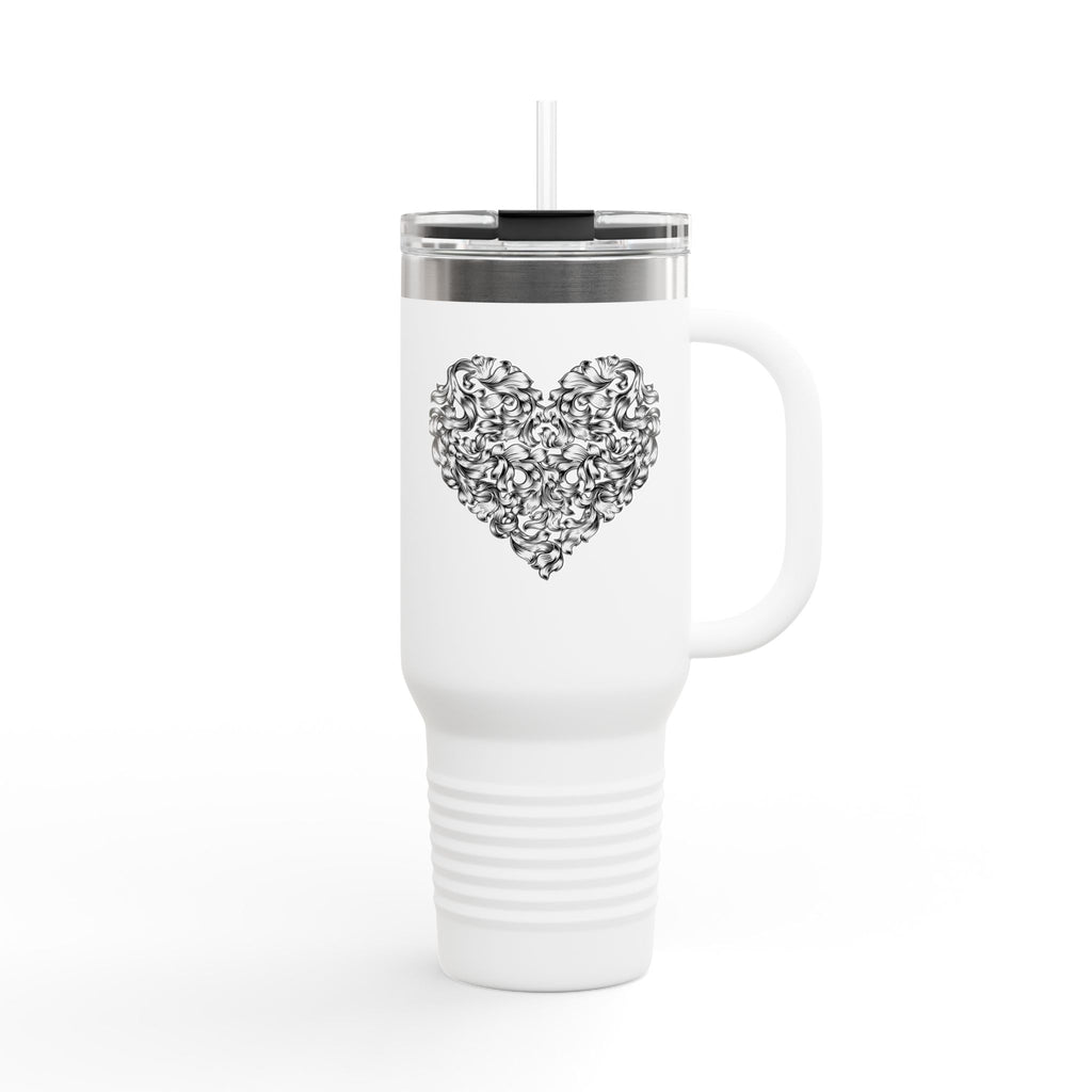 40oz Insulated Travel Mug — Silver Doodle Heart Design