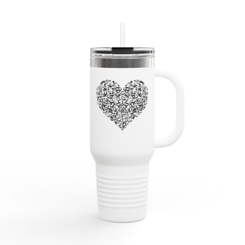 40oz Insulated Travel Mug — Silver Doodle Heart Design