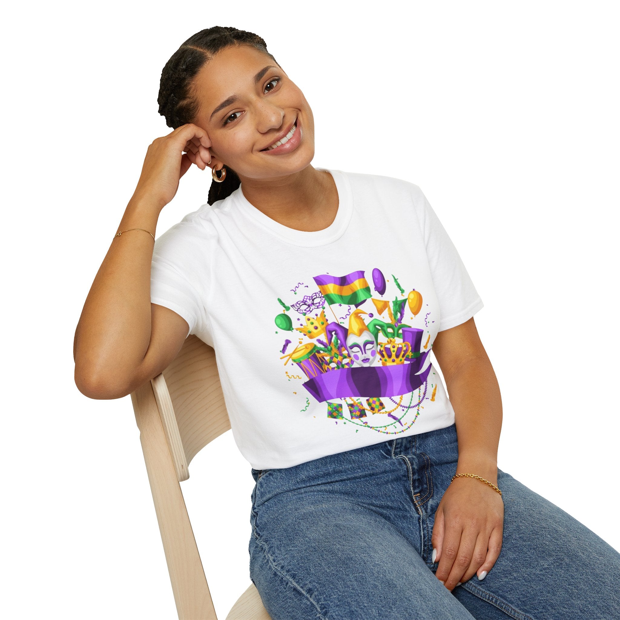 Mardi Gras Carnival T-Shirt — Festive Mask, Beads & Balloon Design
