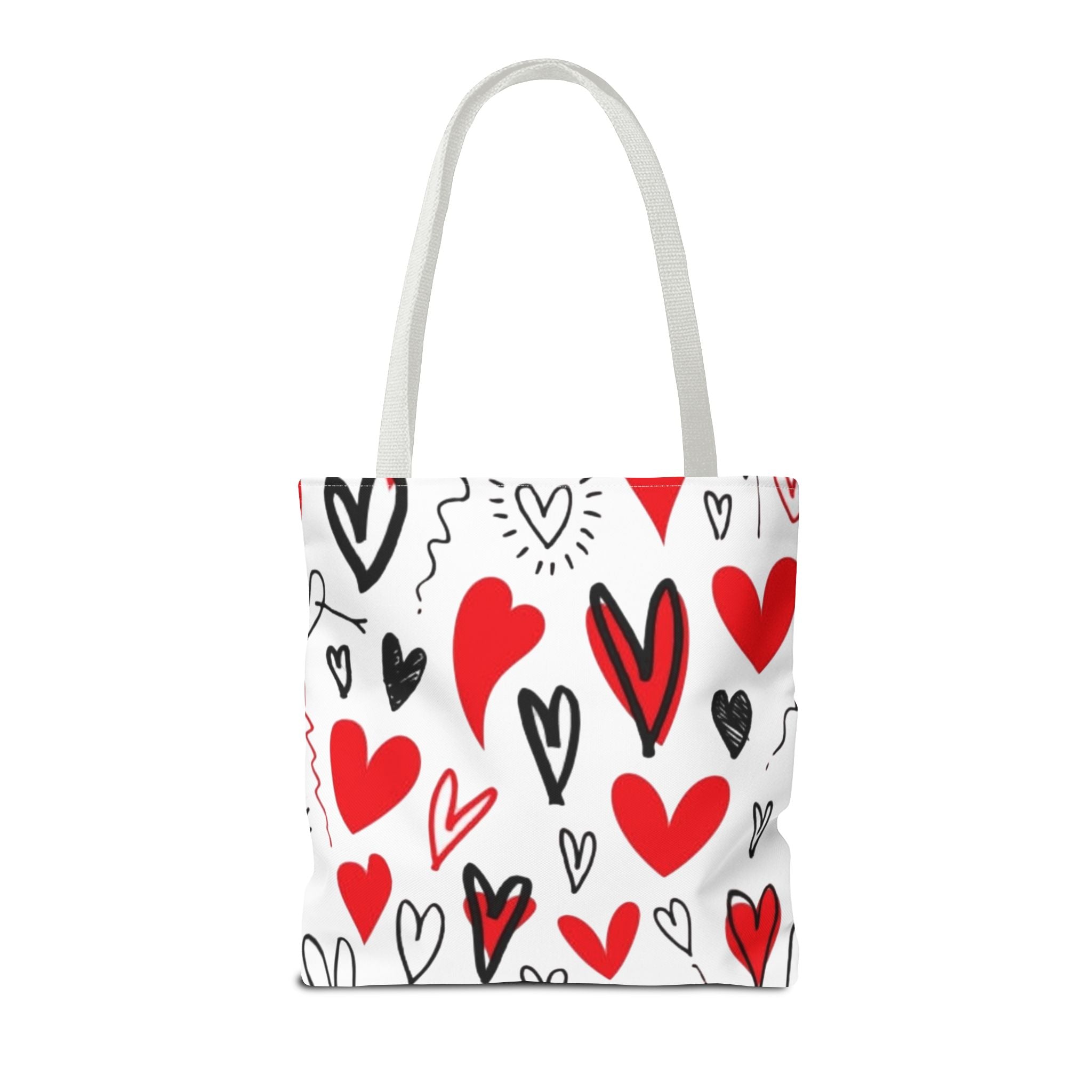 Heart Pattern Tote Bag — Red & Black Doodle Hearts All-Over Print
