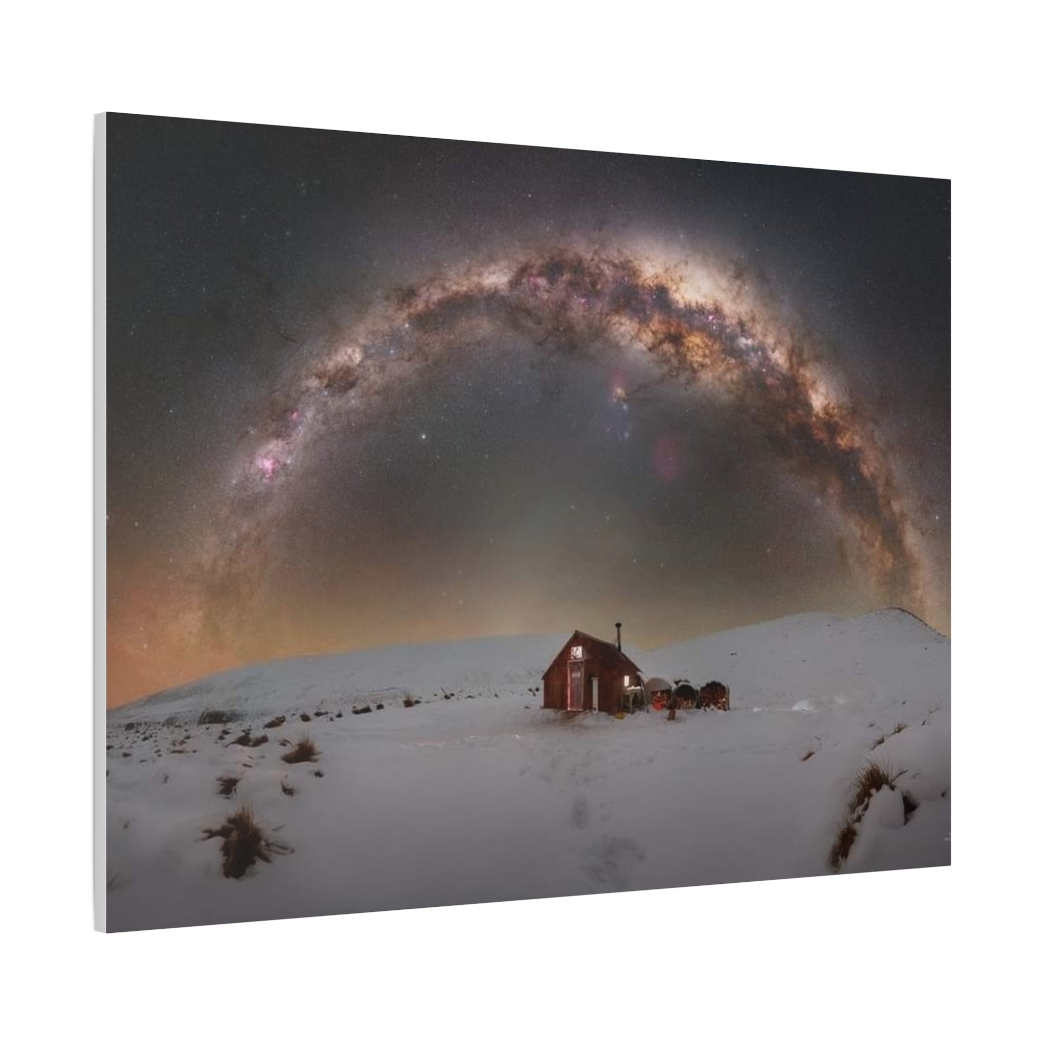 Milky Way Over Snowy Cabin — Matte Stretched Canvas Wall Art