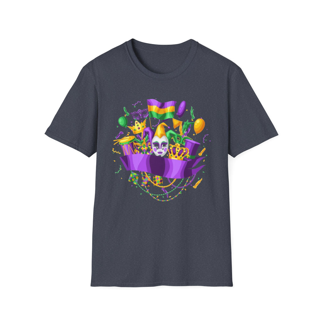 Mardi Gras Carnival T-Shirt — Festive Mask, Beads & Balloon Design