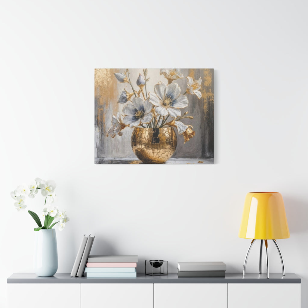 Floral Gold Vase Canvas Print — Elegant White & Blue Flower Wall Art