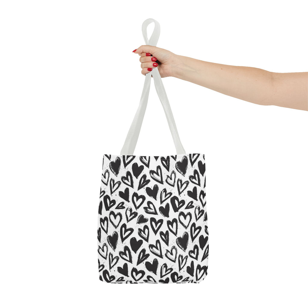 Heart Pattern Tote Bag — Black & White Hand-Drawn Hearts All-Over Print