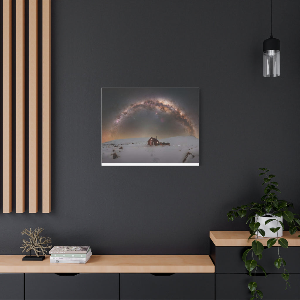 Milky Way Over Snowy Cabin — Matte Stretched Canvas Wall Art