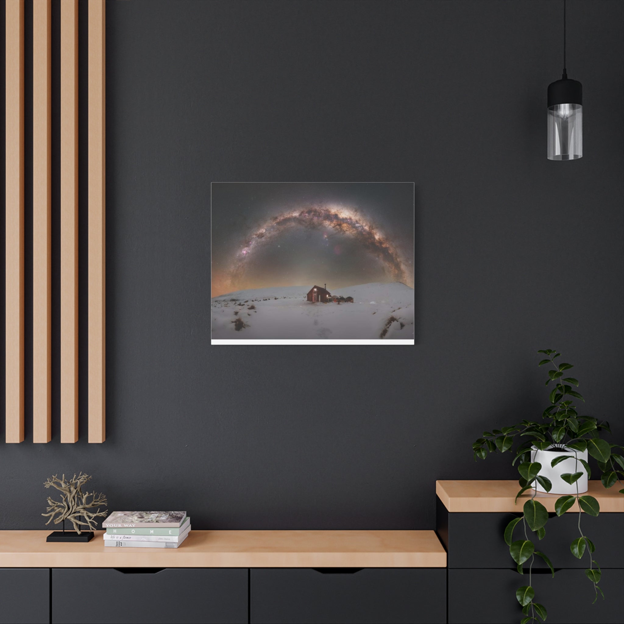 Milky Way Over Snowy Cabin — Matte Stretched Canvas Wall Art