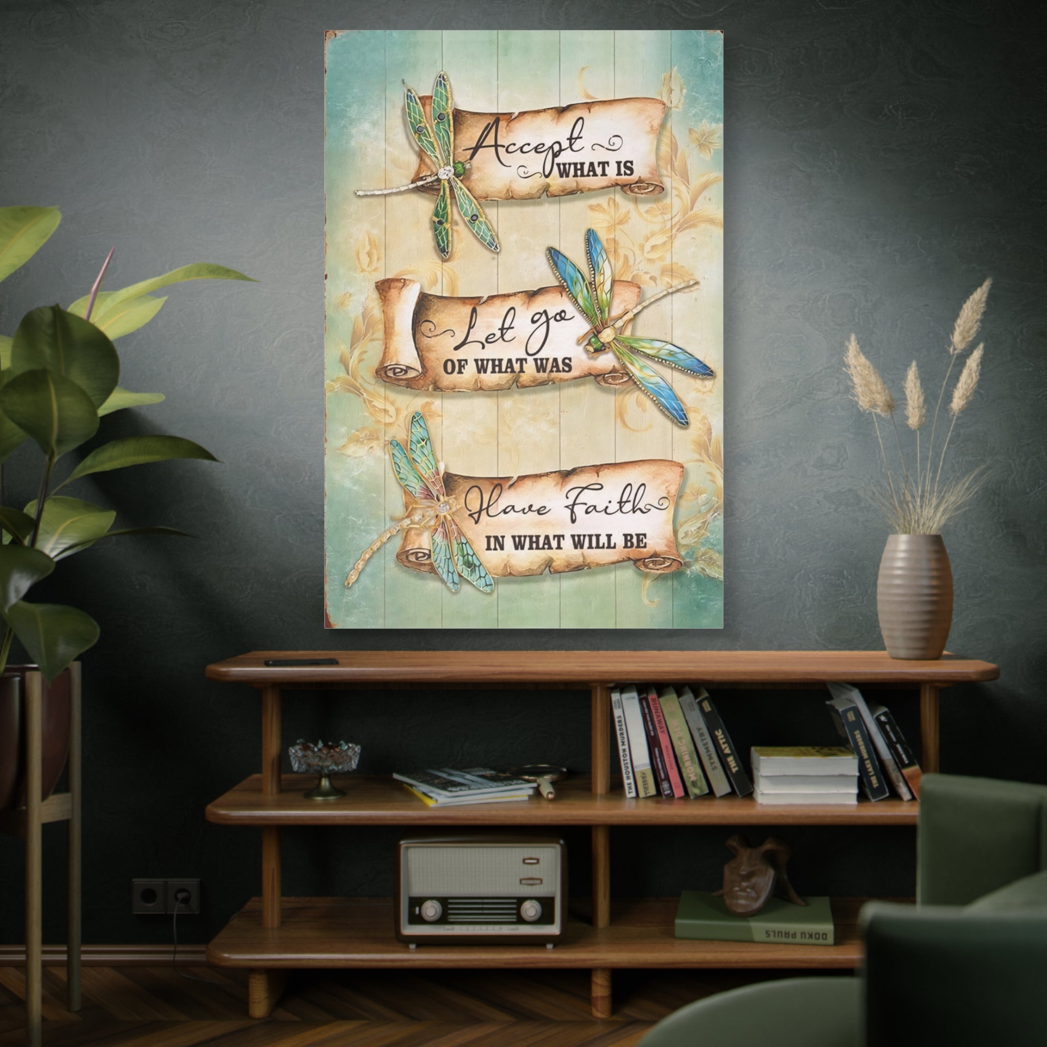 Inspirational Dragonfly Canvas Wall Art - "Accept What Is, Let Go, Have Faith"