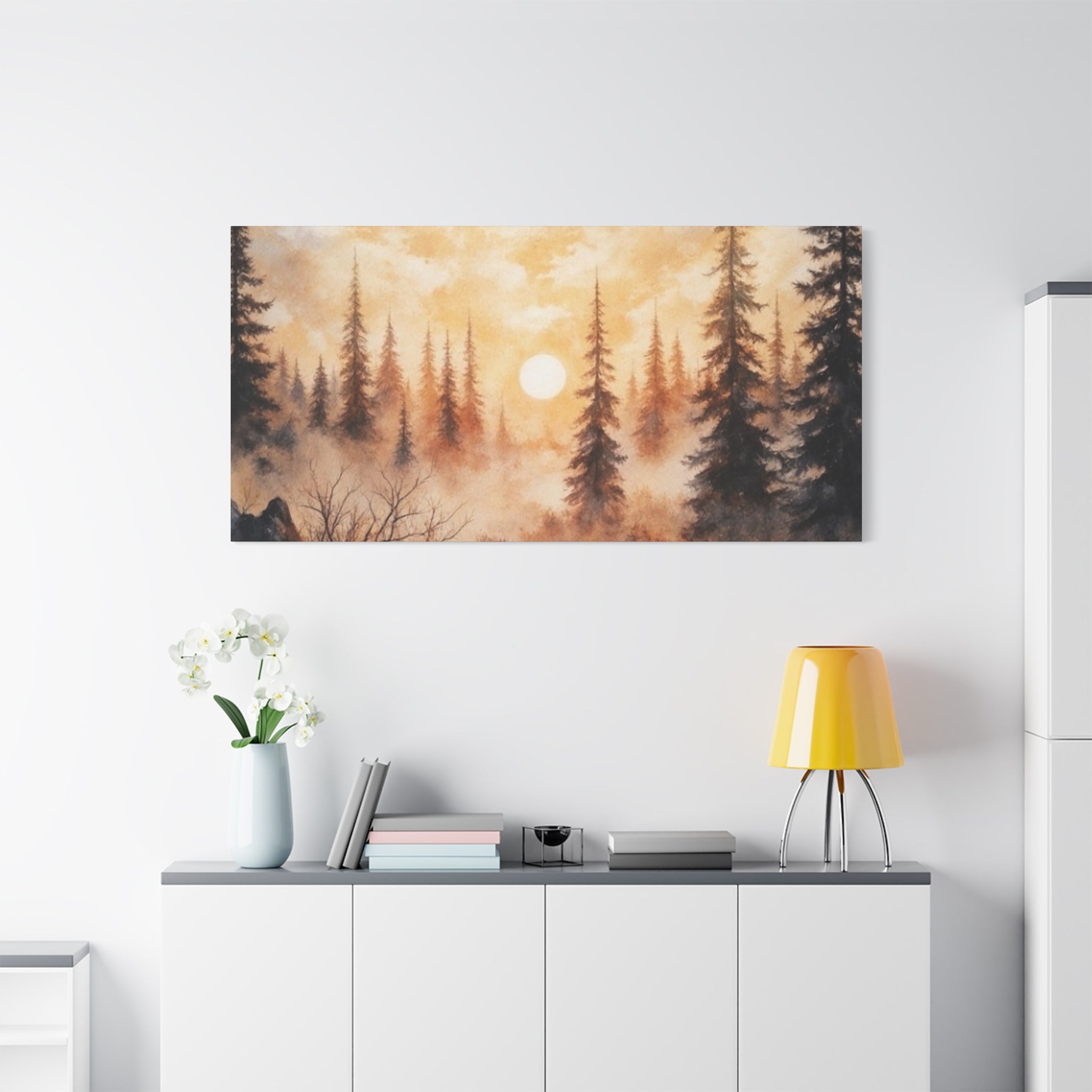 Canvas Wall Art - Misty Pine Forest Sunrise Matte Stretched Canvas