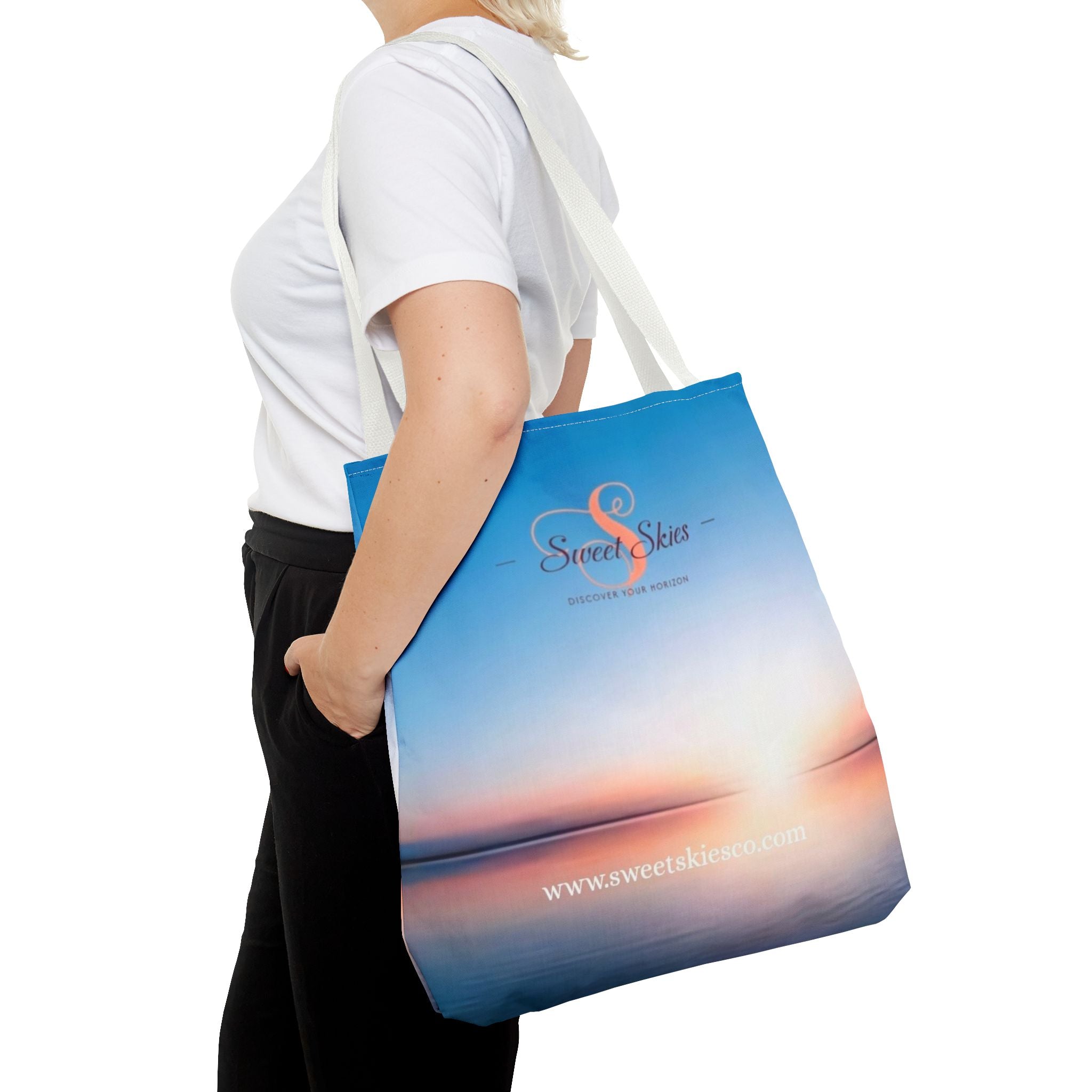 Sunset Beach Tote Bag — Sweet Skies Logo AOP Carryall
