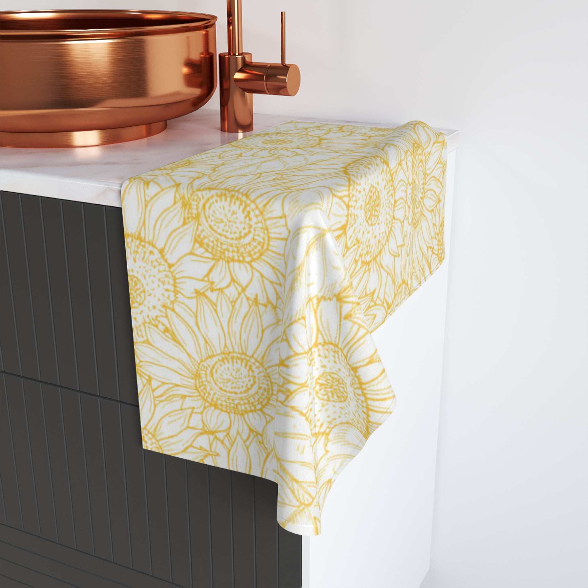 Sunflower Sketch Hand Towel — Yellow Floral Kitchen & Bathroom Accent