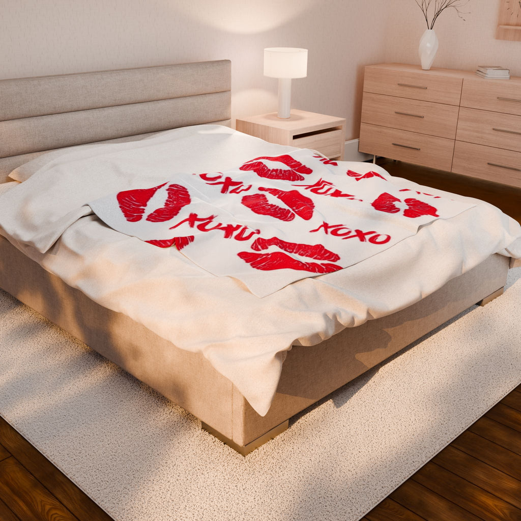 Velveteen Plush Blanket — Red Kiss Prints with XOXO Pattern (Valentine’s Cozy Throw)