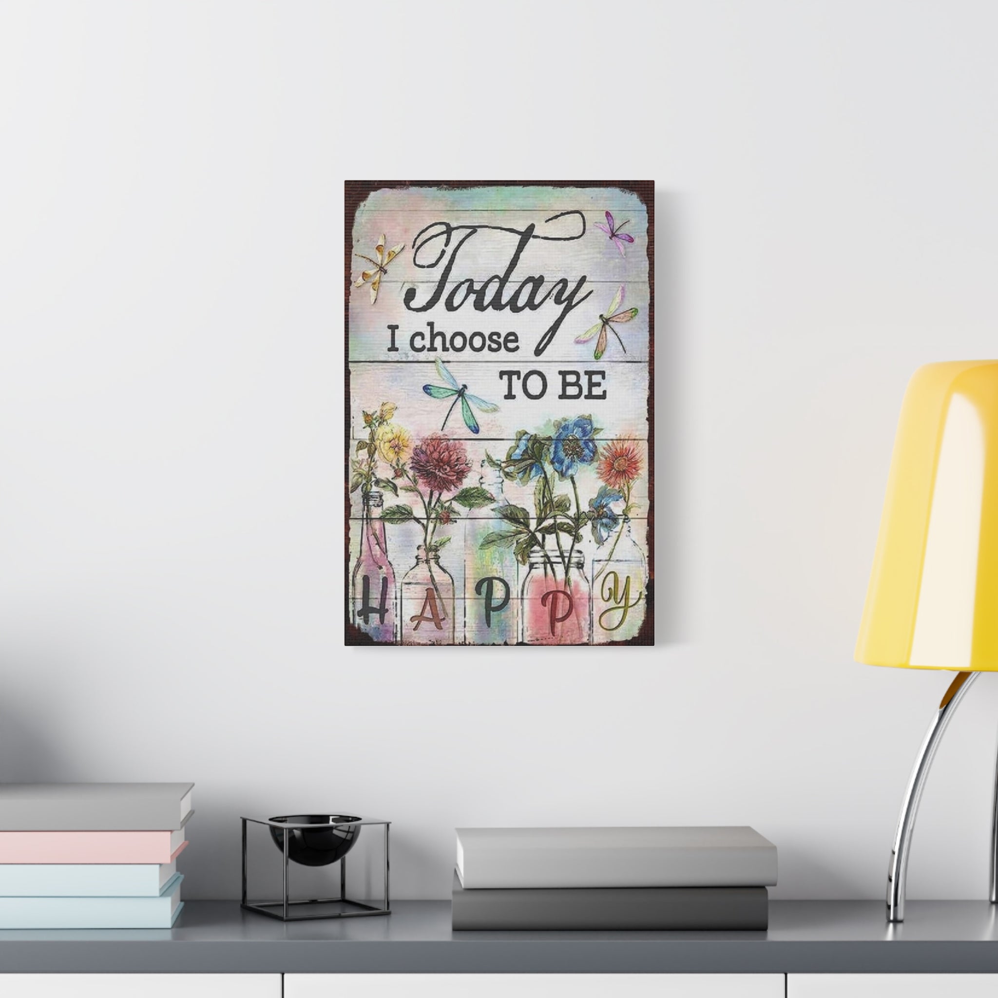 Today I Choose To Be Happy Canvas Wall Art — Floral Dragonfly Inspirational Quote