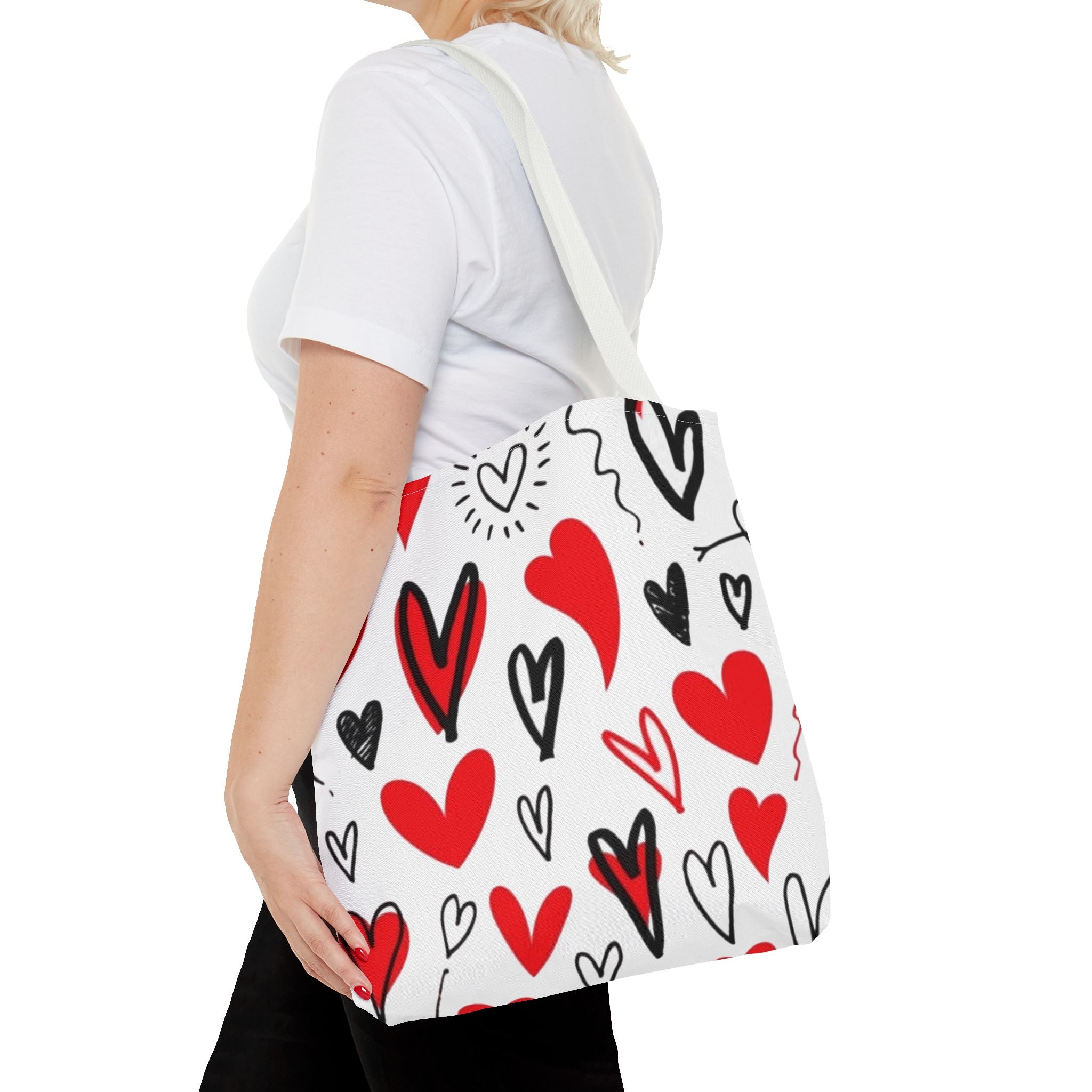 Heart Pattern Tote Bag — Red & Black Doodle Hearts All-Over Print
