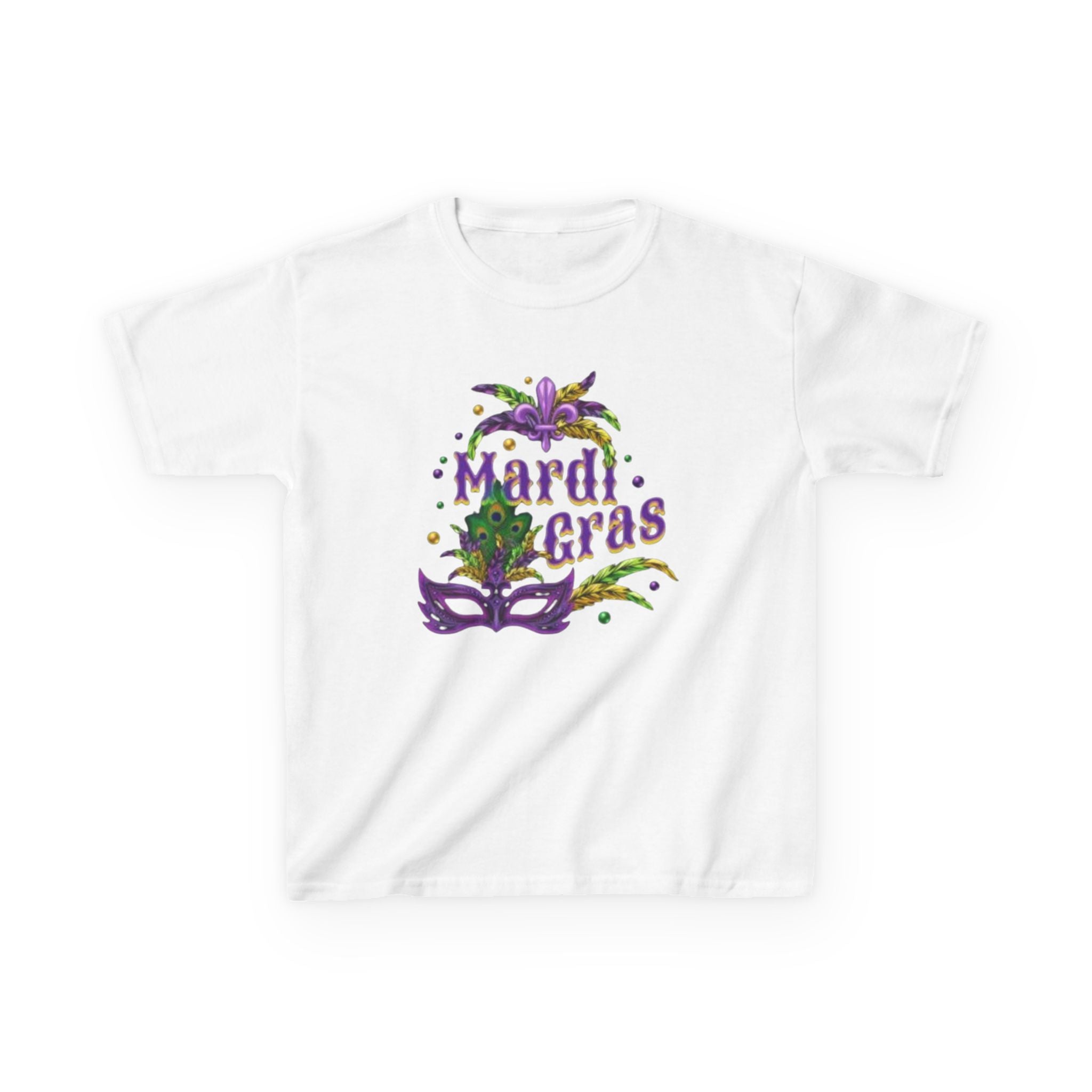 Kids Mardi Gras T-Shirt — Purple & Green Mask Design