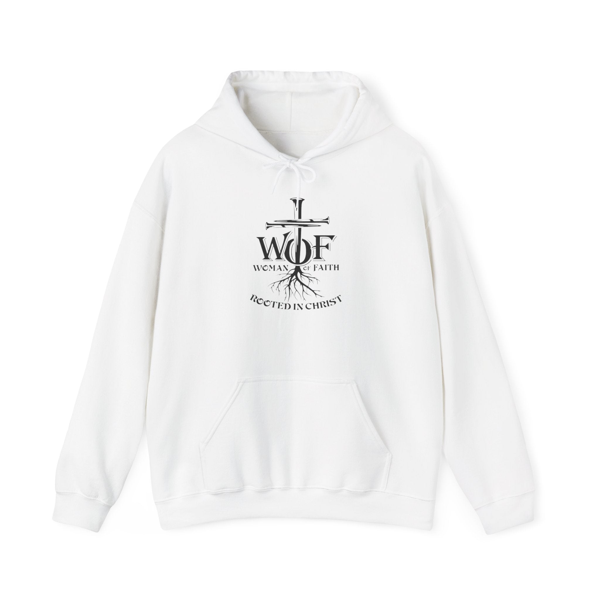 Hoodie — "W.O.F. Woman of Faith" Cross Christian Graphic Pullover