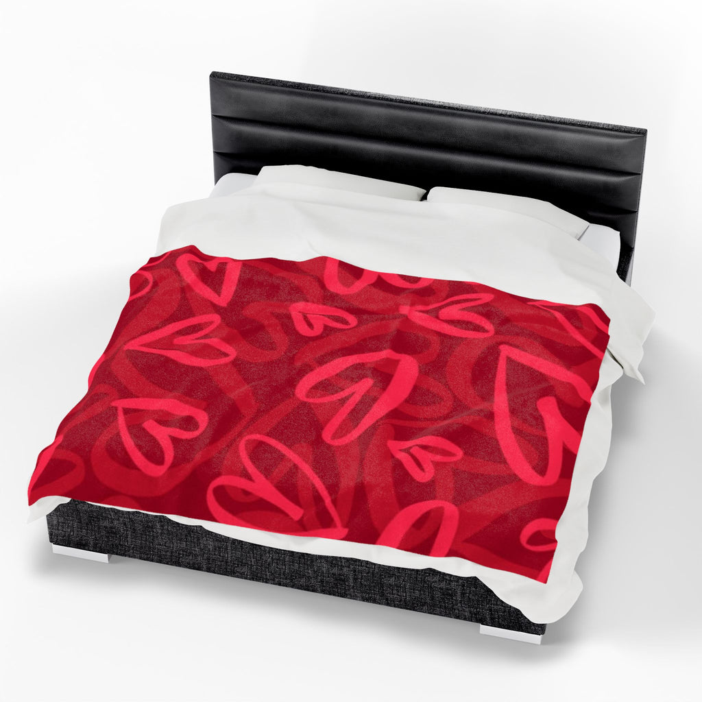 Plush Blanket — Red Heart Doodle Velveteen Throw (Valentine’s Day Gift)
