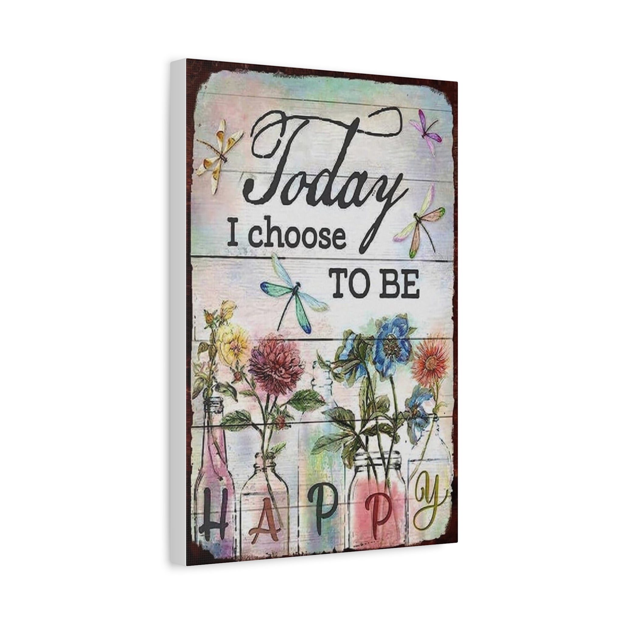 Today I Choose To Be Happy Canvas Wall Art — Floral Dragonfly Inspirational Quote