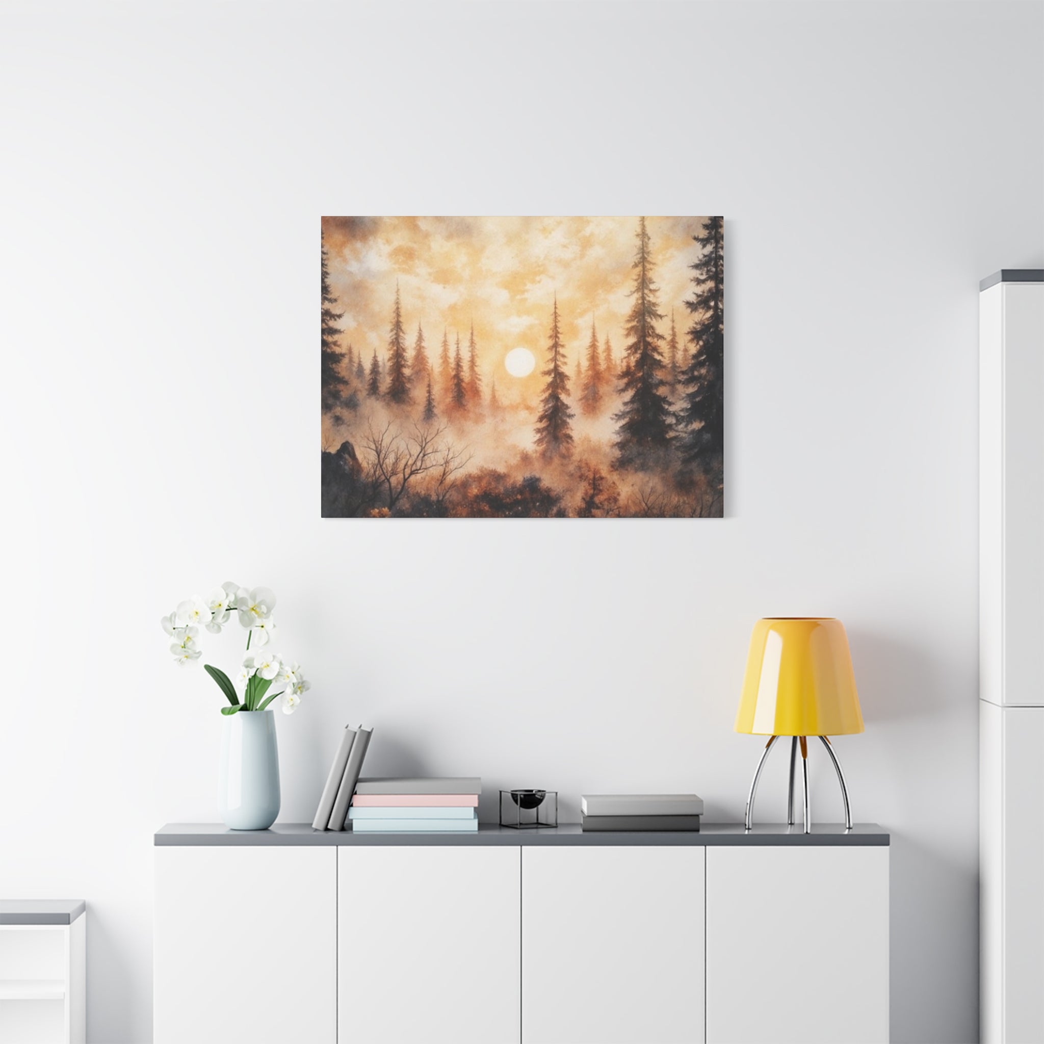 Canvas Wall Art - Misty Pine Forest Sunrise Matte Stretched Canvas