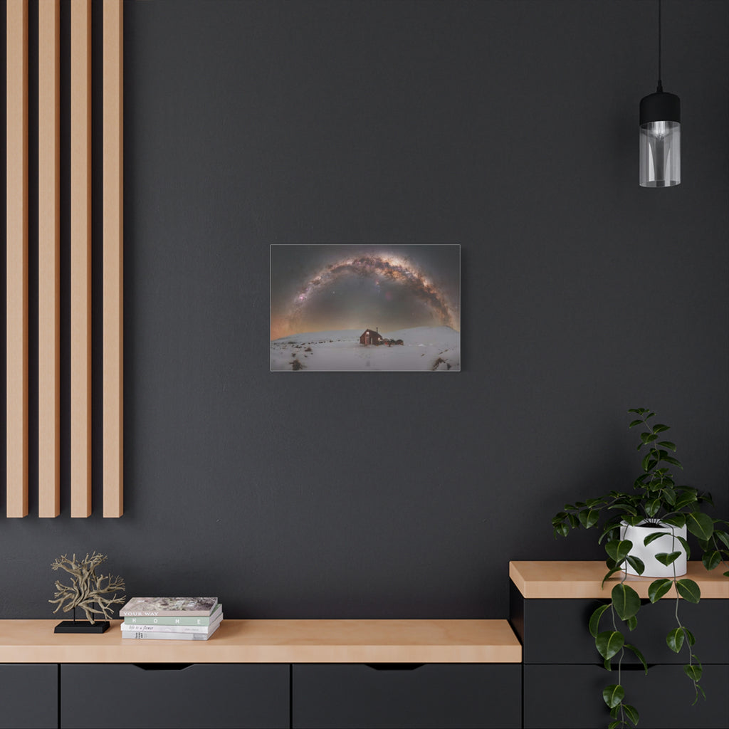 Milky Way Over Snowy Cabin — Matte Stretched Canvas Wall Art
