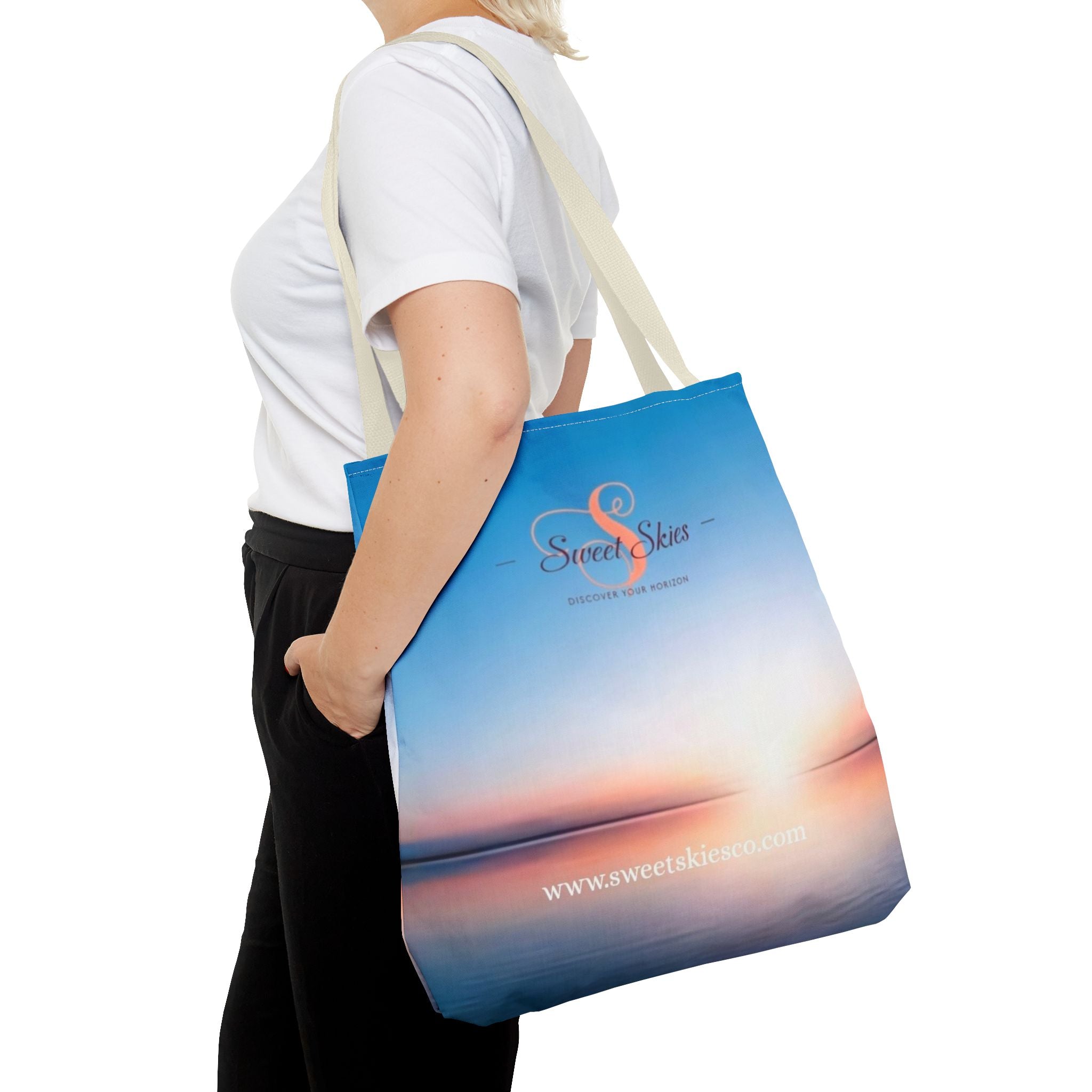 Sunset Beach Tote Bag — Sweet Skies Logo AOP Carryall
