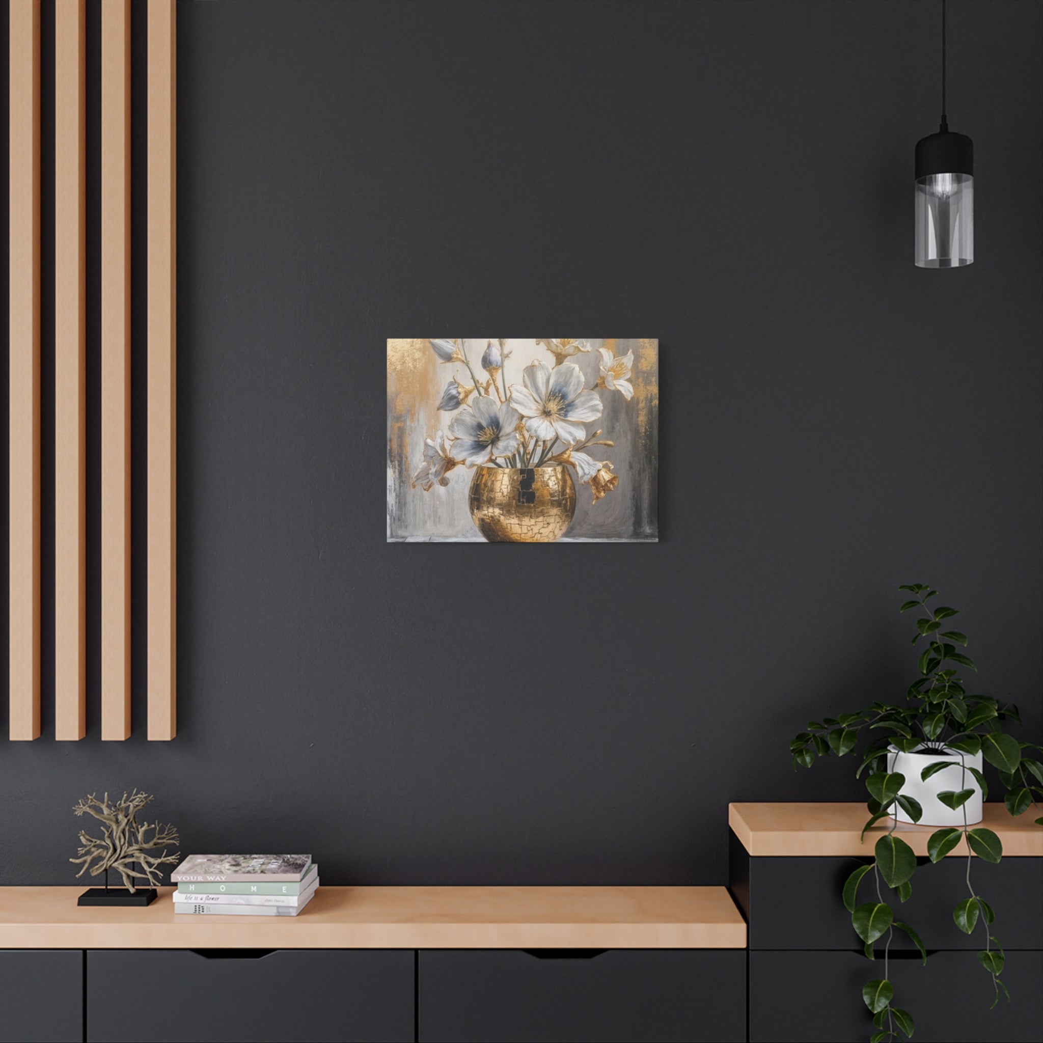 Floral Gold Vase Canvas Print — Elegant White & Blue Flower Wall Art