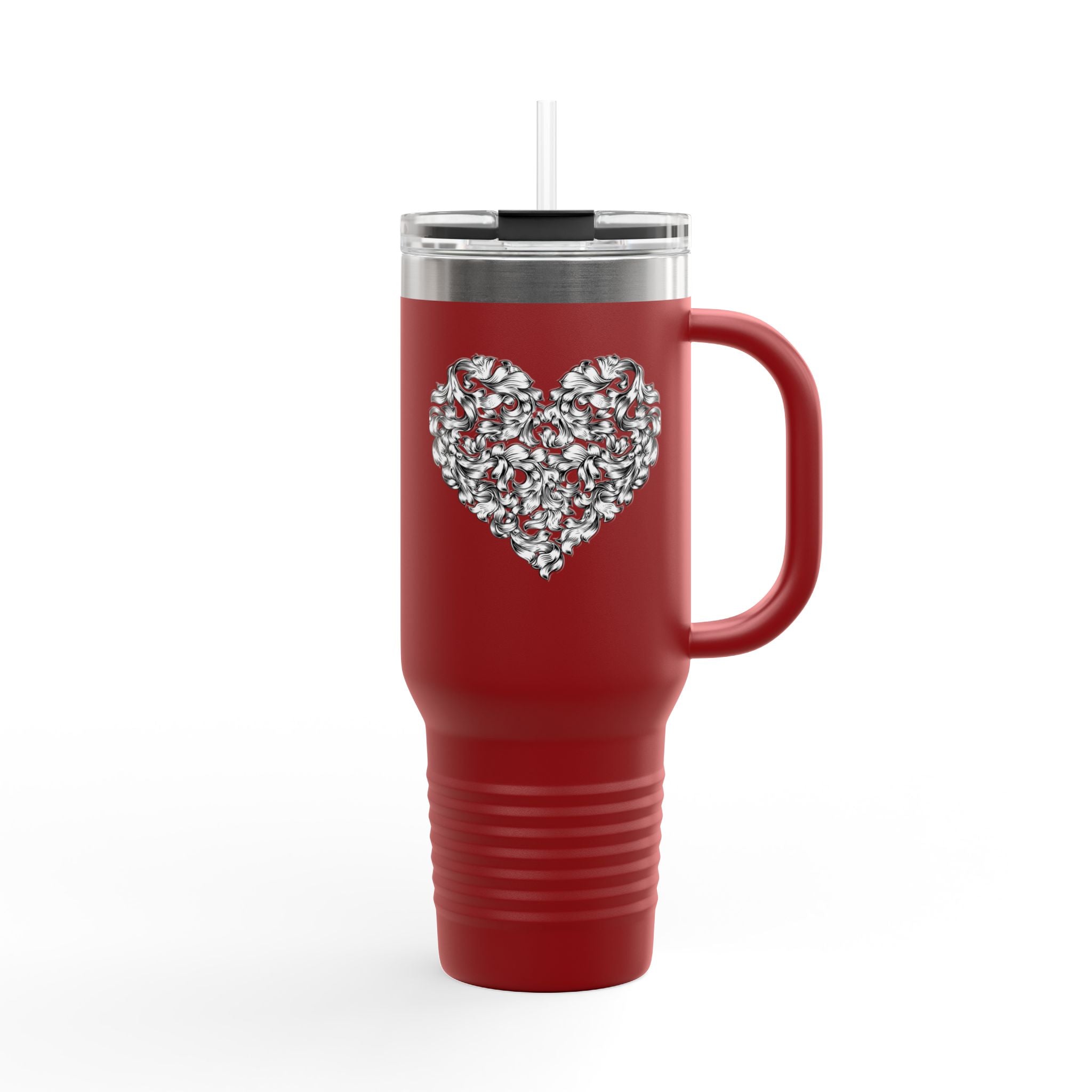 40oz Insulated Travel Mug — Silver Doodle Heart Design