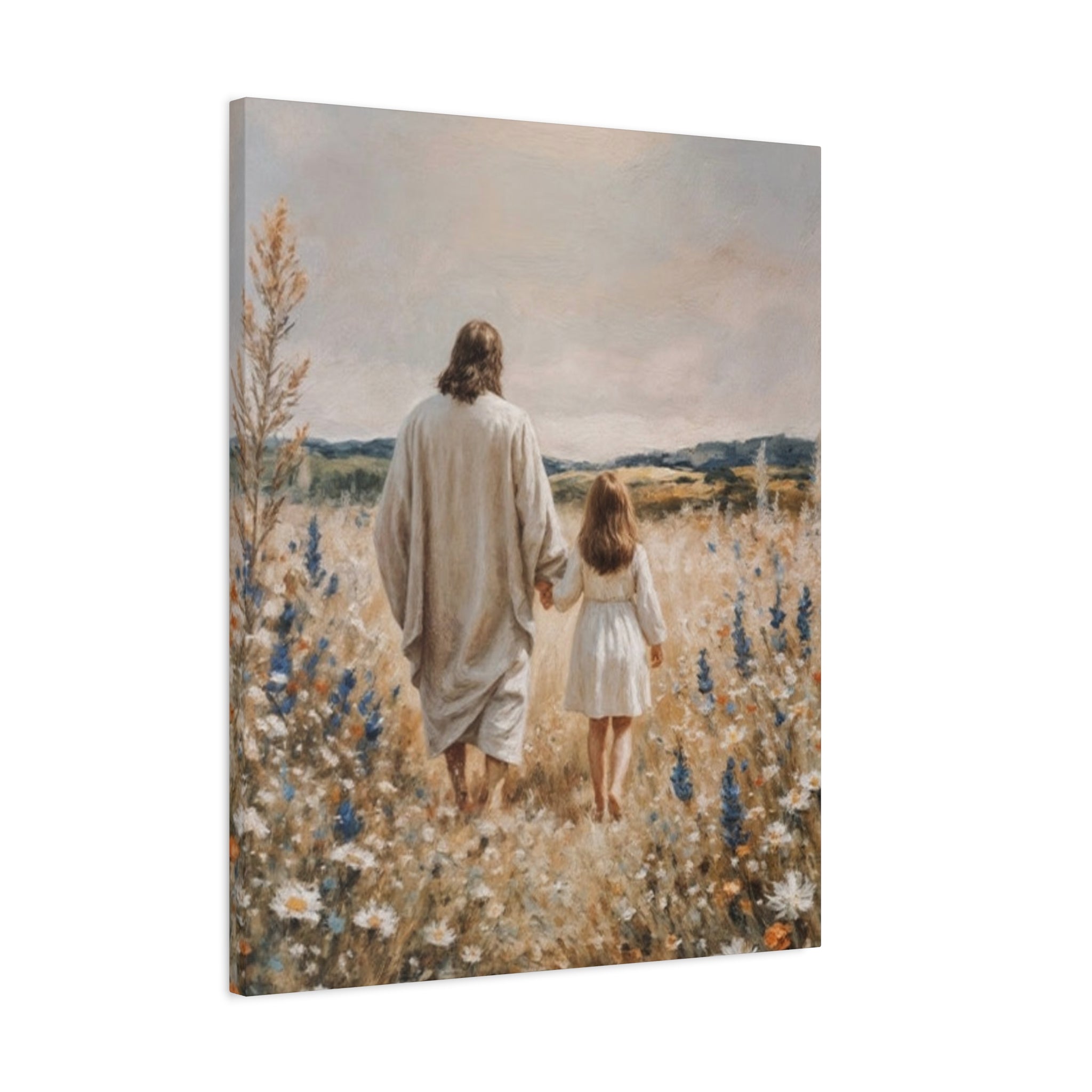 Jesus and Child Walking in Field Canvas Art - Religious Wall Decor
