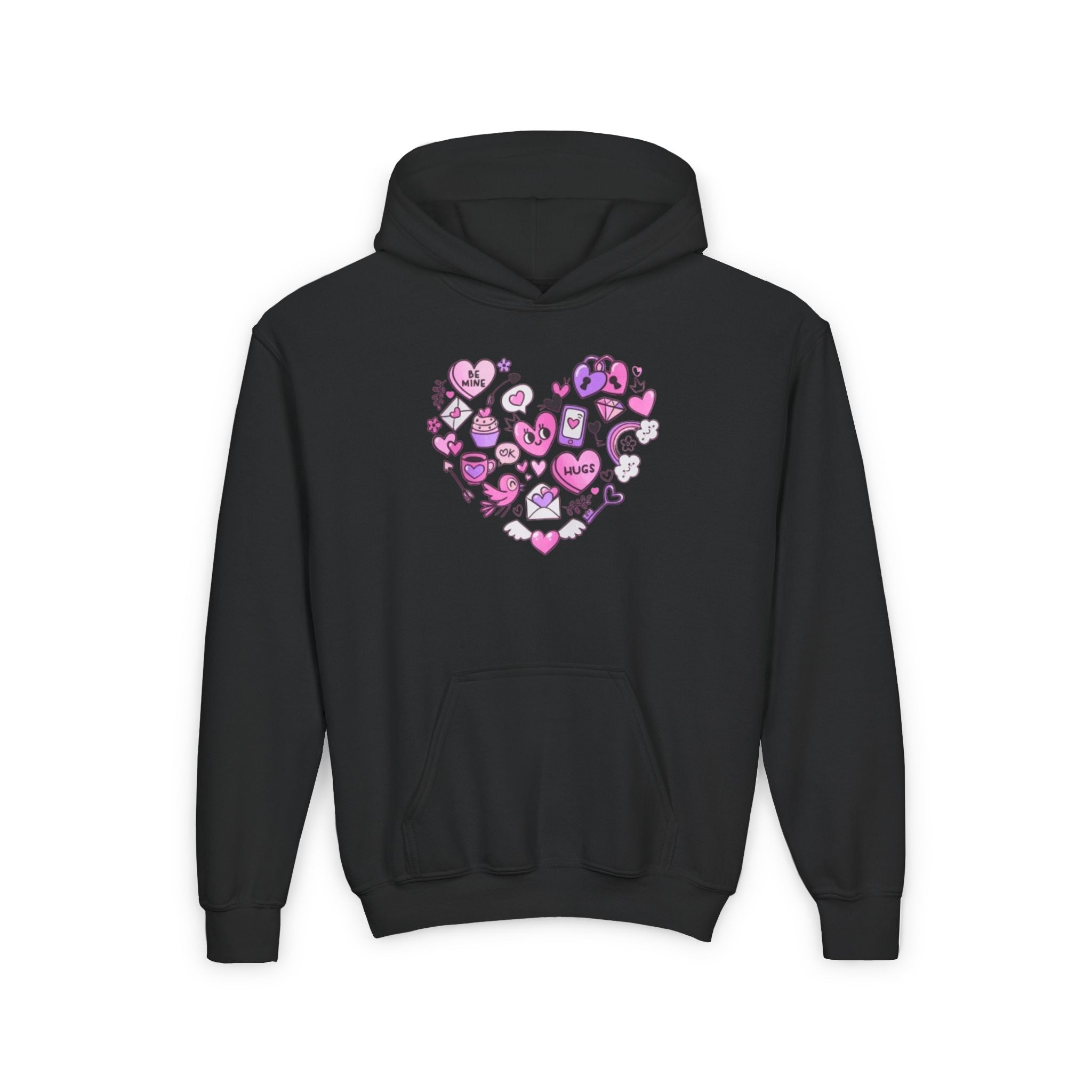 Youth Heart Doodle Hoodie — Pink Valentine Love Graphic Sweatshirt