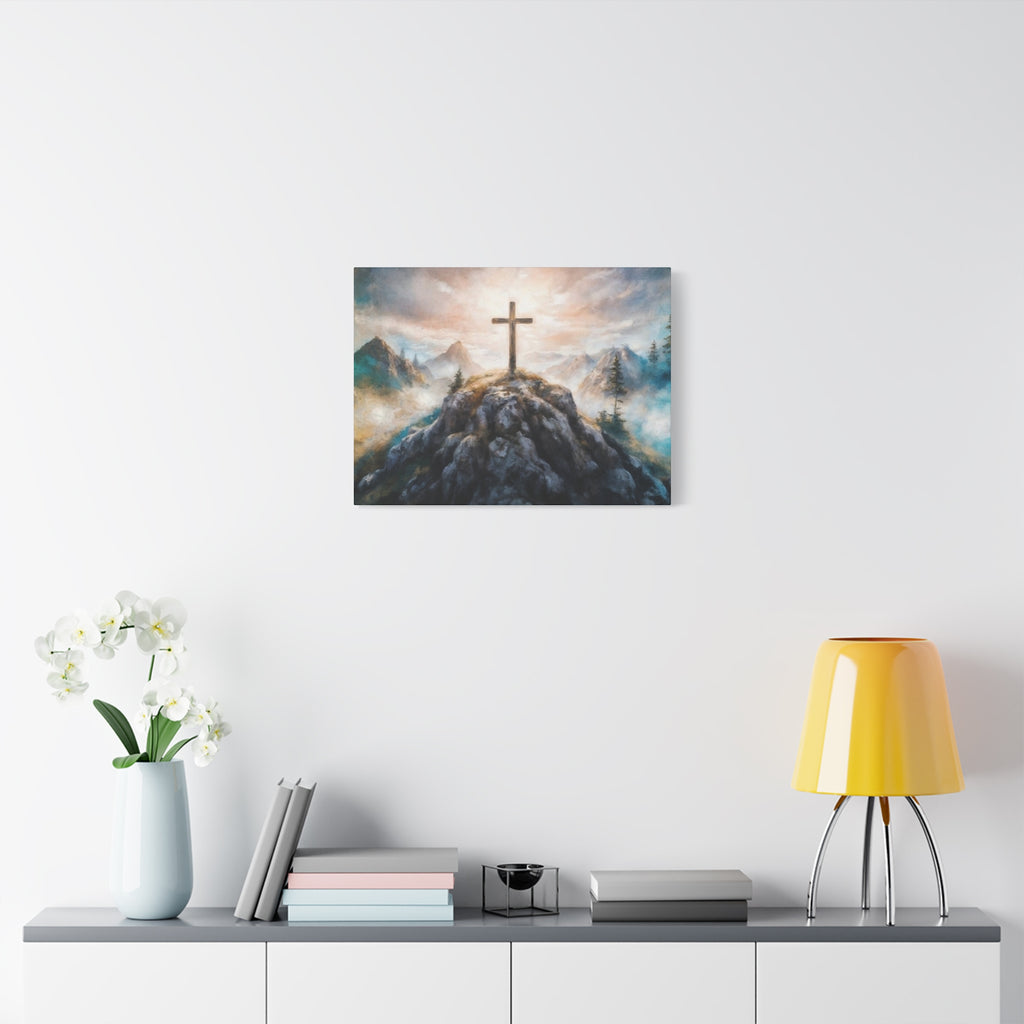 Cross on Mountain Matte Canvas Wall Art — Christian Inspirational Landscape
