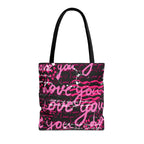 Love You Script Pattern Tote Bag – Pink Graffiti All-Over Print